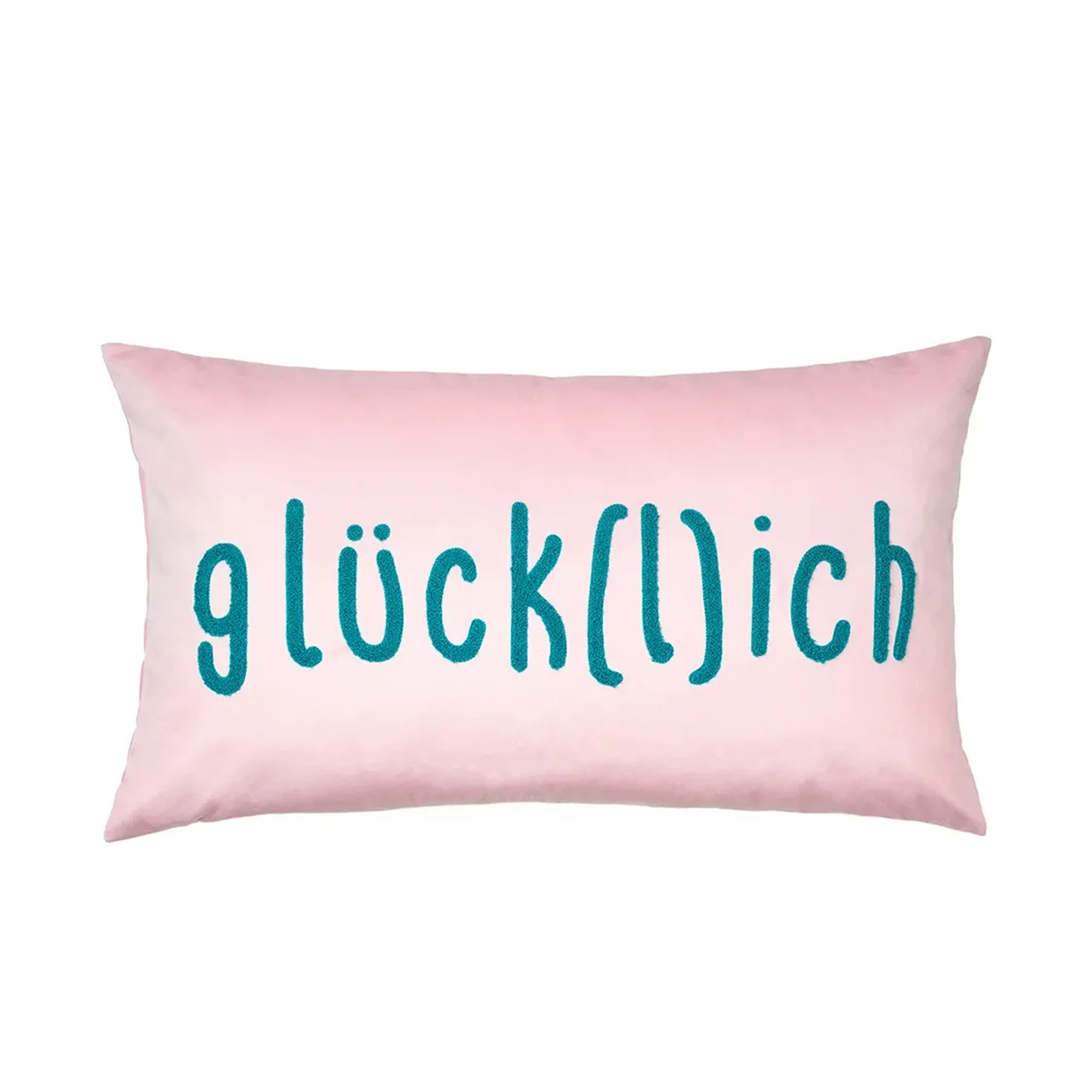 Roséfarbene Kissenhülle Letters, 35 × 60 cm, mit großem türkisfarbenem Schriftzug „glück(l)ich“.