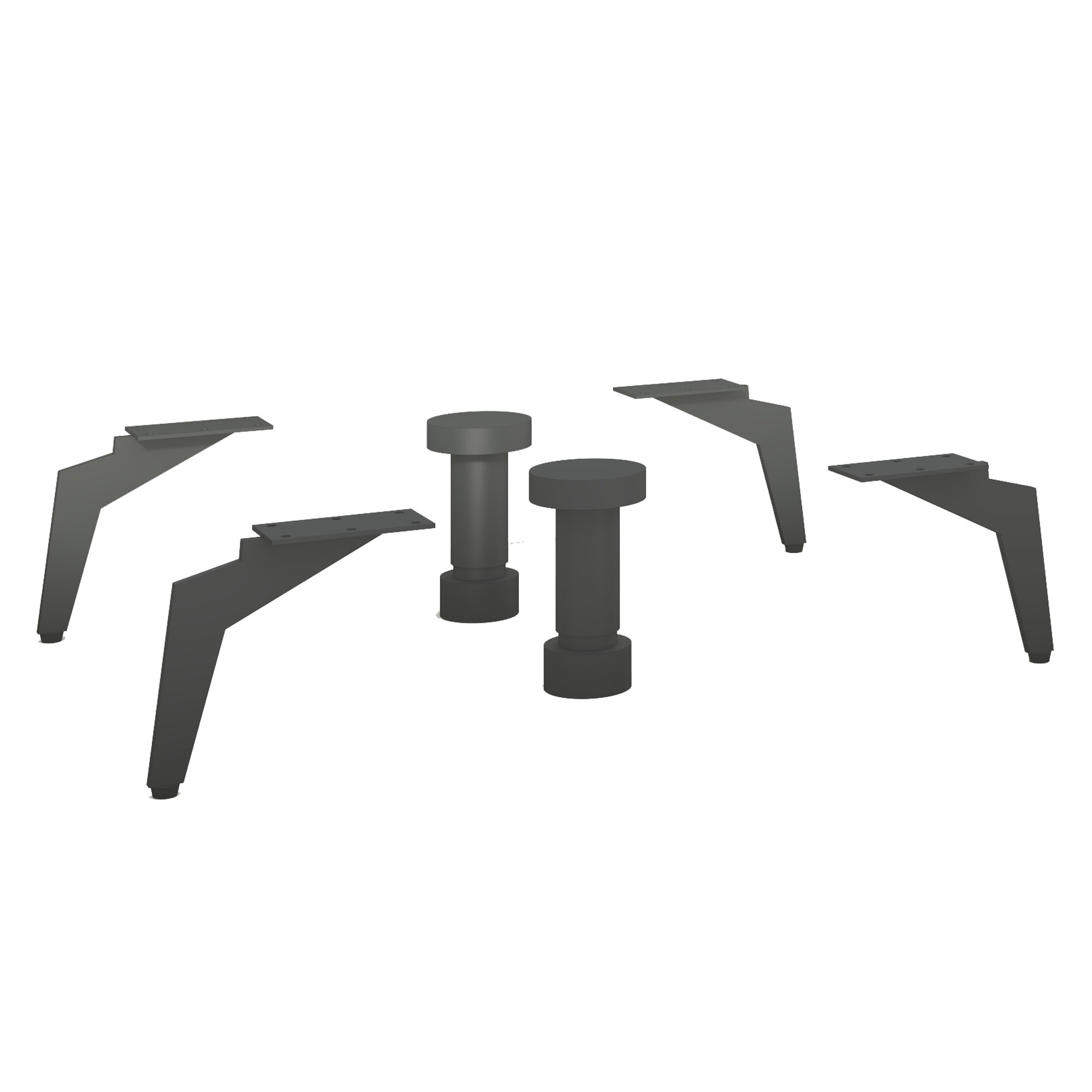 echsteiliges Set aus schwarzen Metallfüßen in zwei unterschiedlichen Formen zur stabilen Montage von Möbelstücken