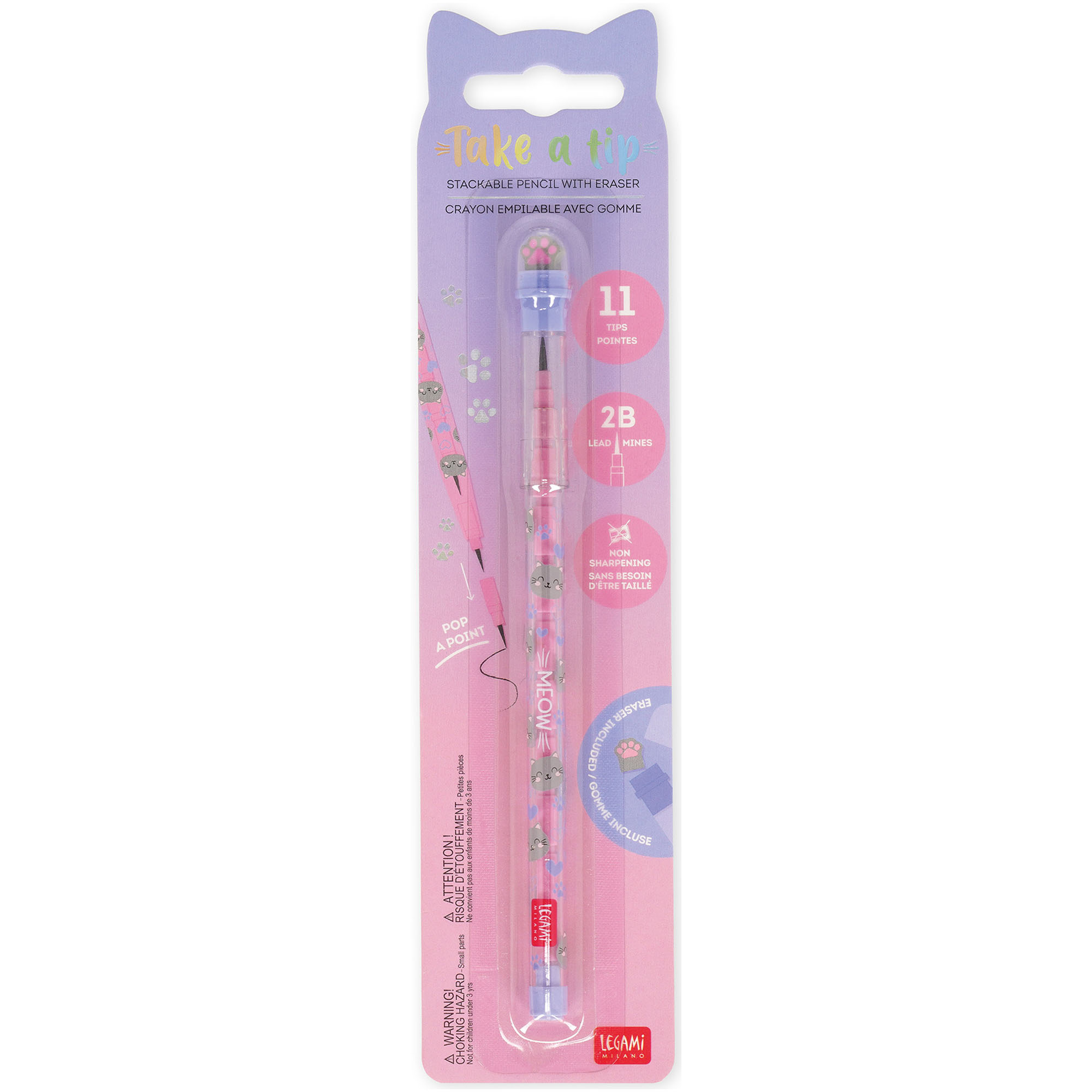 Rosa Stapelbleistift mit Katzenradierer, in einer langen transparenten Blisterverpackung abgebildet.