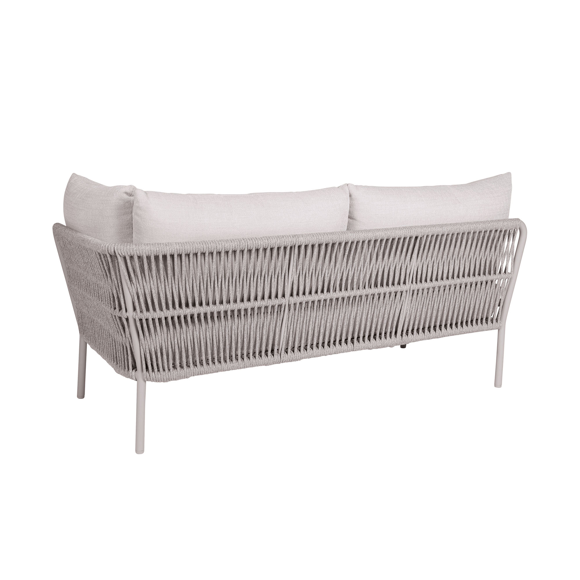 Rückseite eines hellgrauen Sofas mit dicht geflochtener Seilbespannung und Metallrahmen, vor weißem Hintergrund fotografiert.