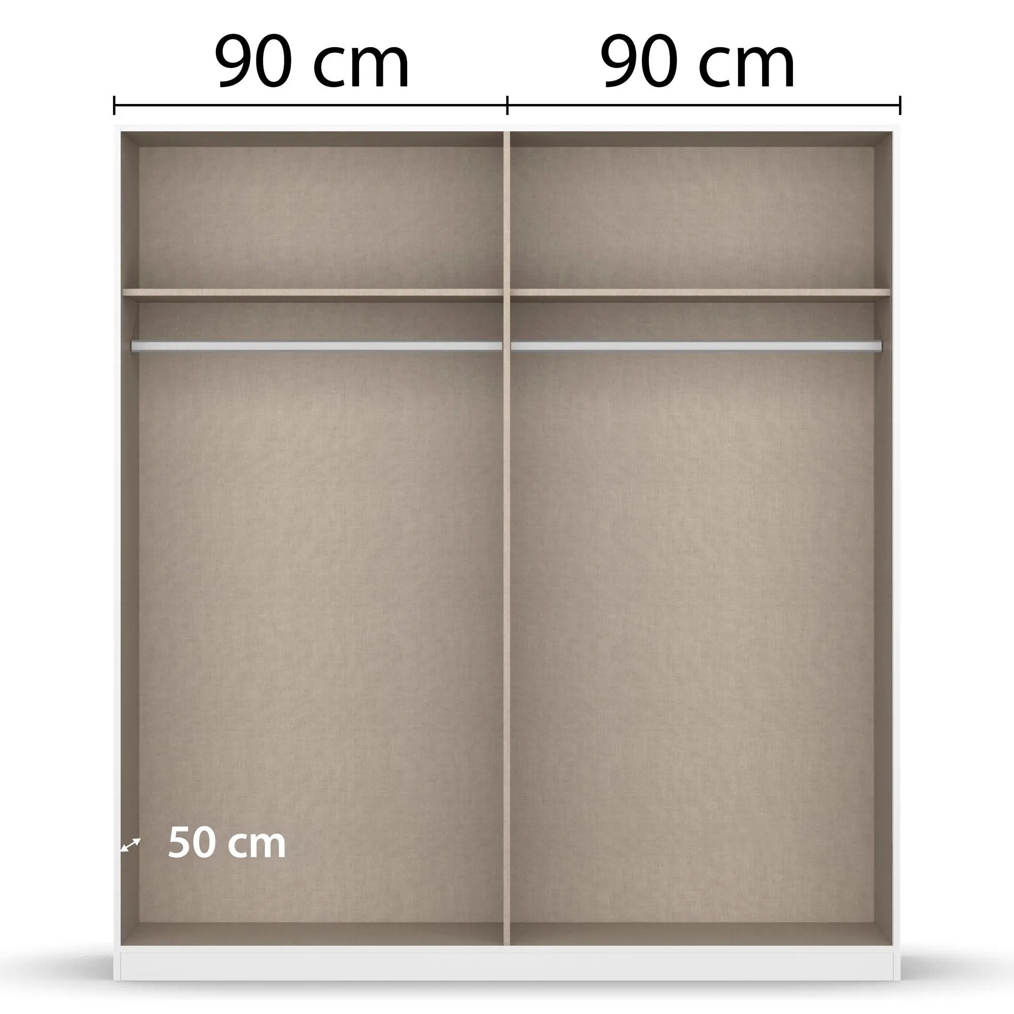 Innenansicht eines Kleiderschranks mit zwei gleich großen Bereichen à 90 cm Breite und Kleiderstangen sowie Ablagefächern