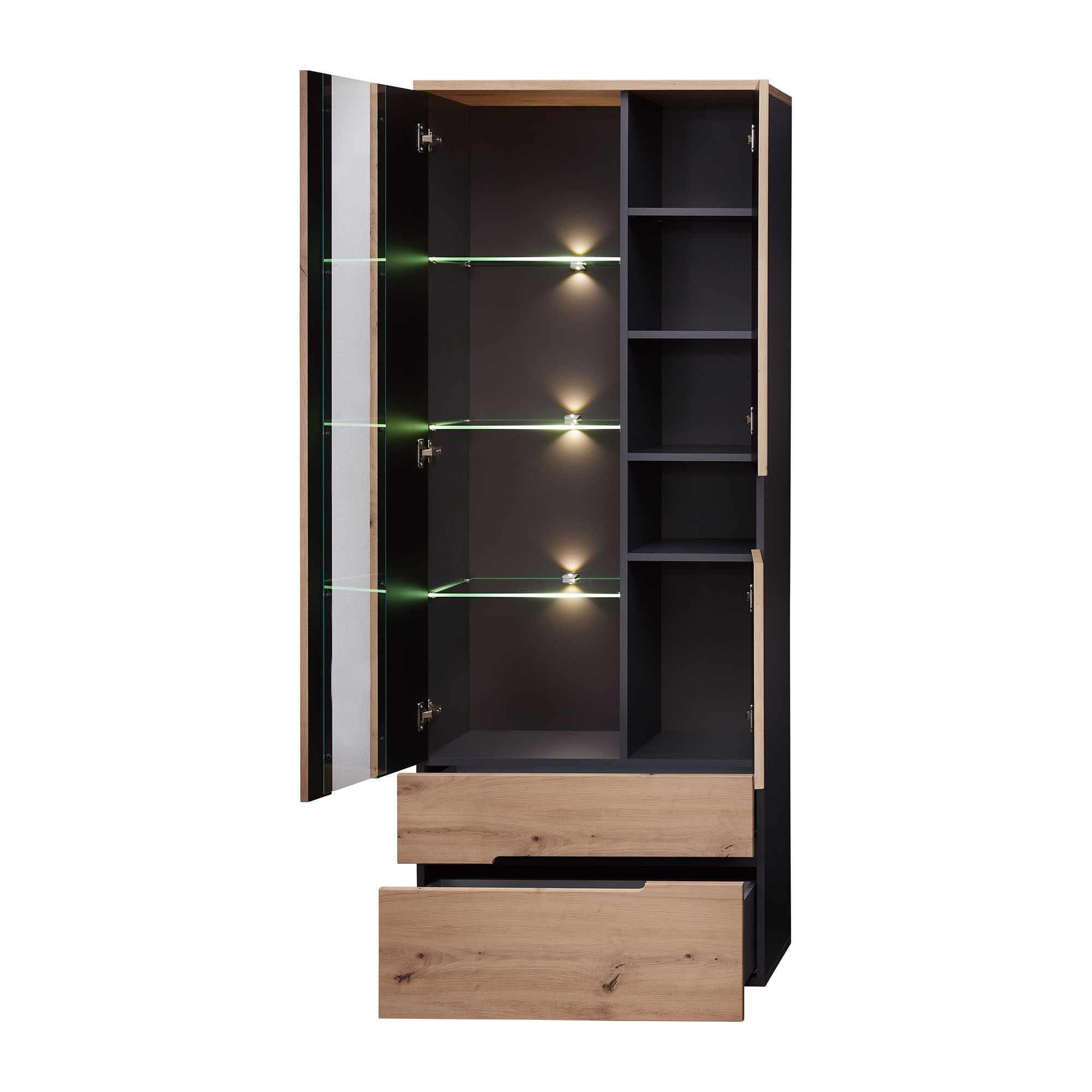 Geöffnete Vitrine mit beleuchteten Glasböden links und mehreren offenen Fächern rechts; unten zwei geöffnete Schubladen.