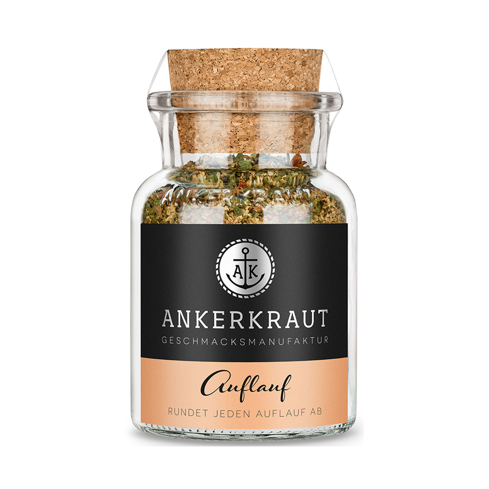 Glas mit Korken und der Aufschrift Auflauf von Ankerkraut; darin ist eine bräunliche Mischung mit erkennbaren Kräuterstücken.
