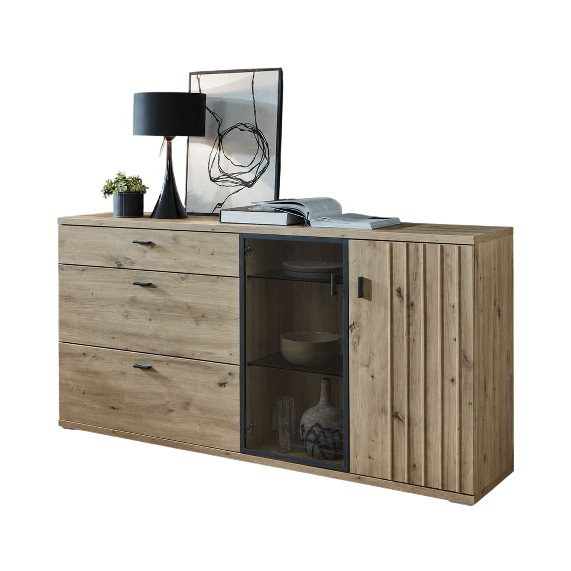 Sideboard in natürlicher Holzoptik mit Schubladen Türen und dunklen Frontakzenten