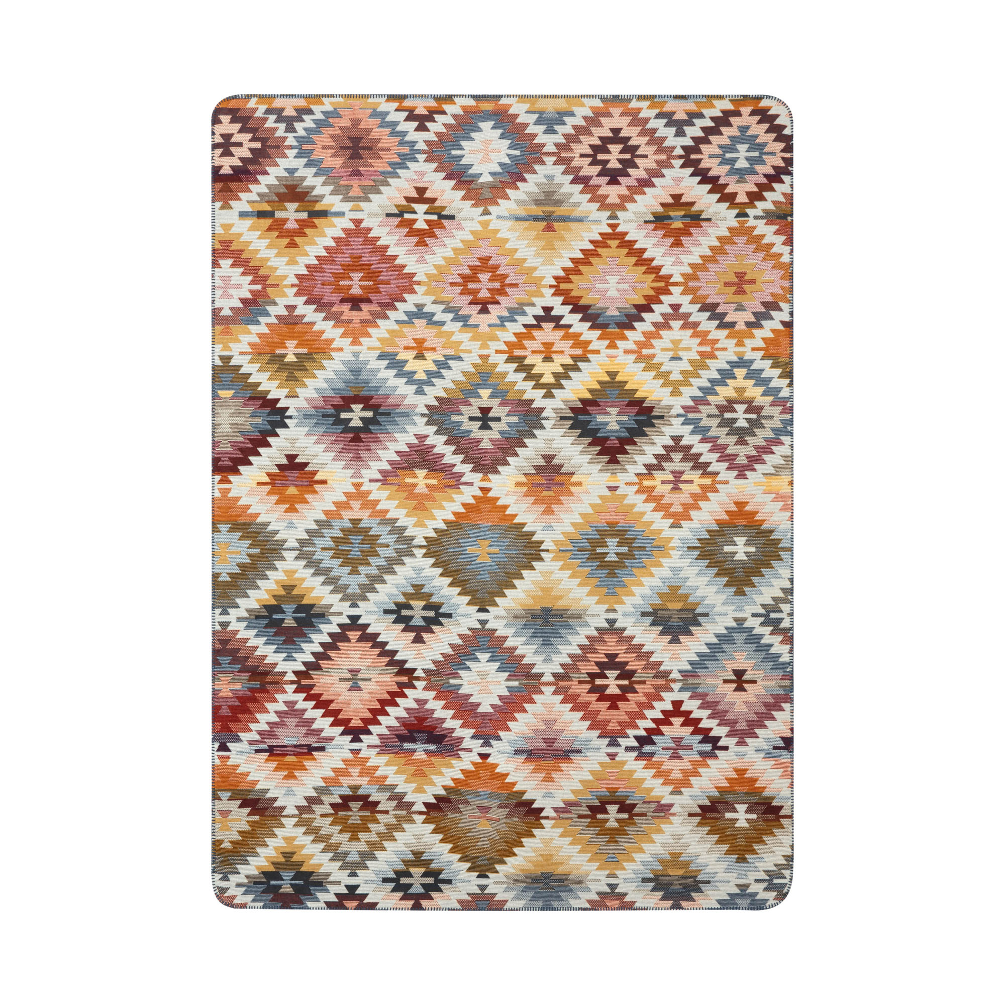 Flach ausgebreitete Wohndecke Nomad Light mit Rauten- und Zickzackmuster in Creme, Rost, Blau und Gelb.