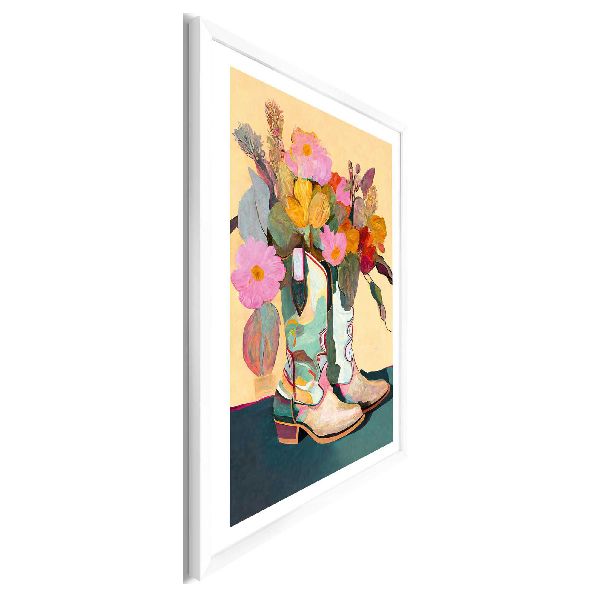 Seitliche Schrägansicht des Wandbilds „Flower Boots“, 50 × 70 cm; Profil, Kante und Tiefe des Bildes sind erkennbar.