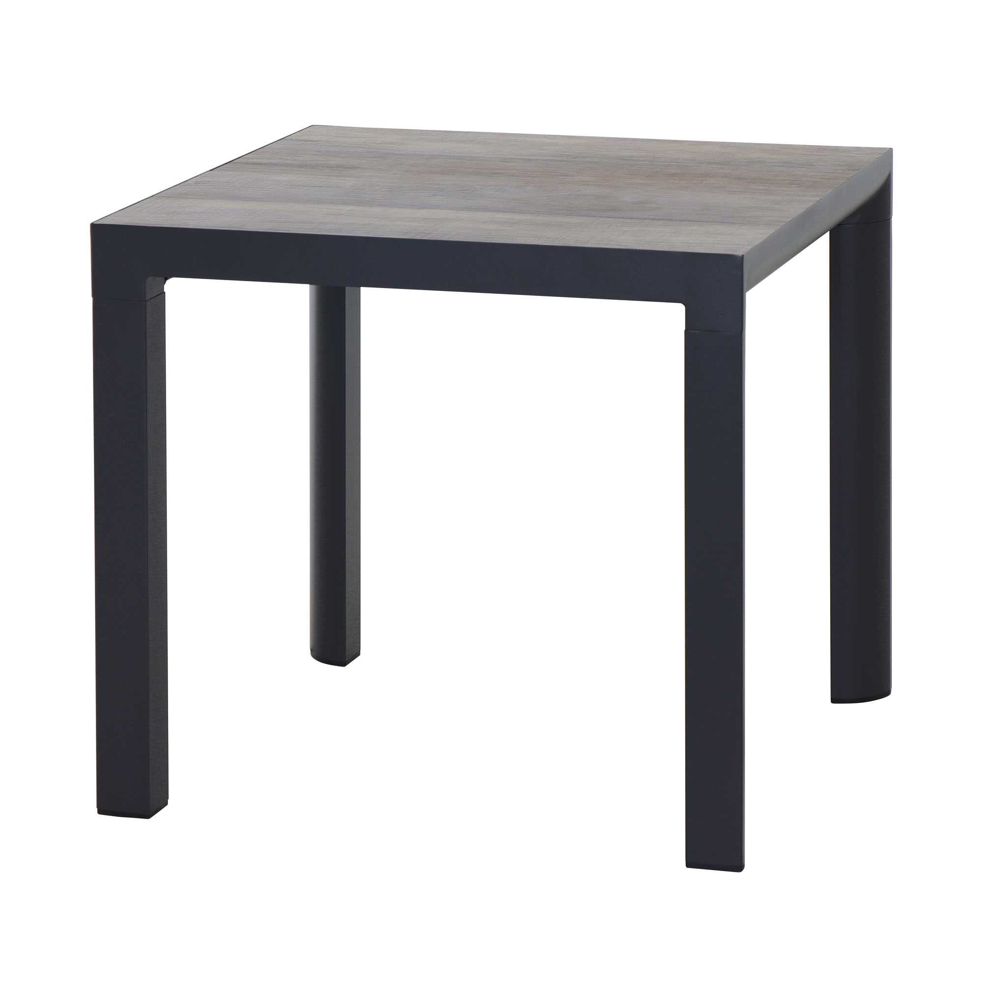 Ein quadratischer Tisch mit dunklem Gestell und einer Tischplatte in Holzoptik, von schräg oben fotografiert.