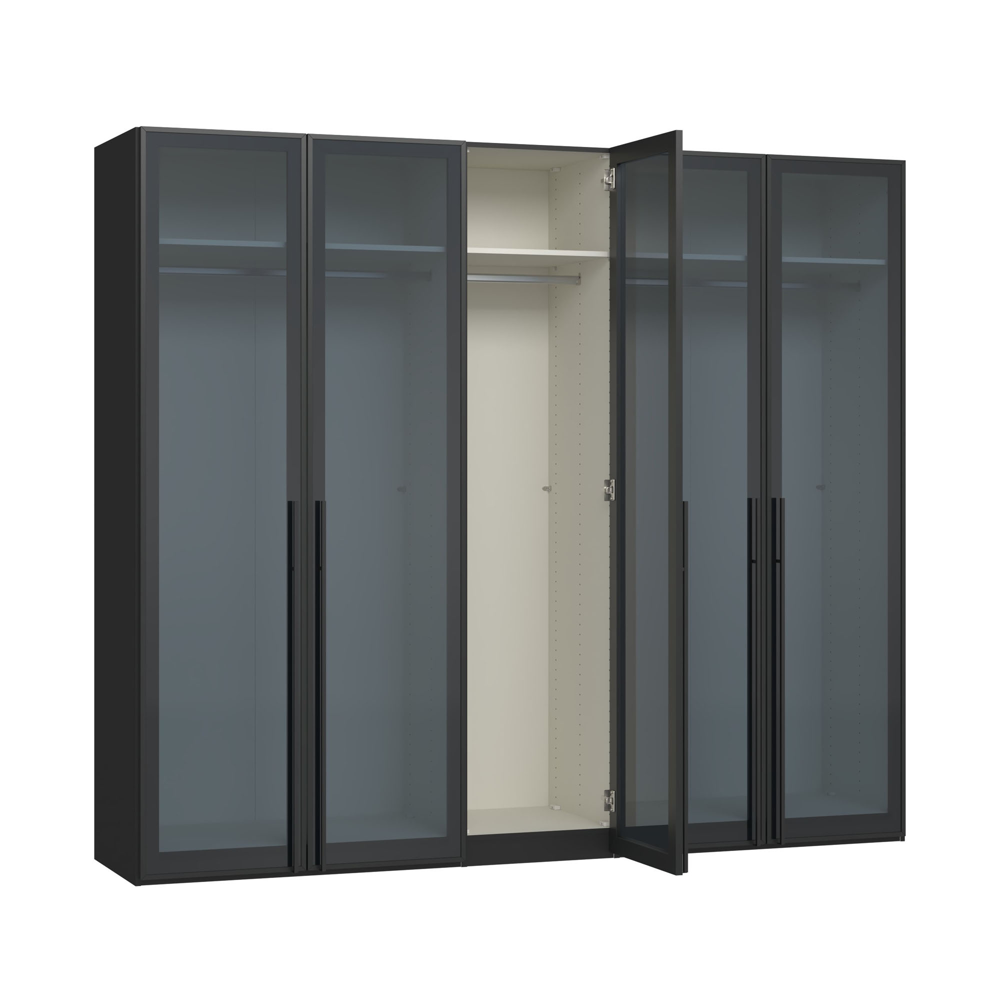 Drehtürenschrank mit geöffneter rechter Glastür und Blick in den Innenraum