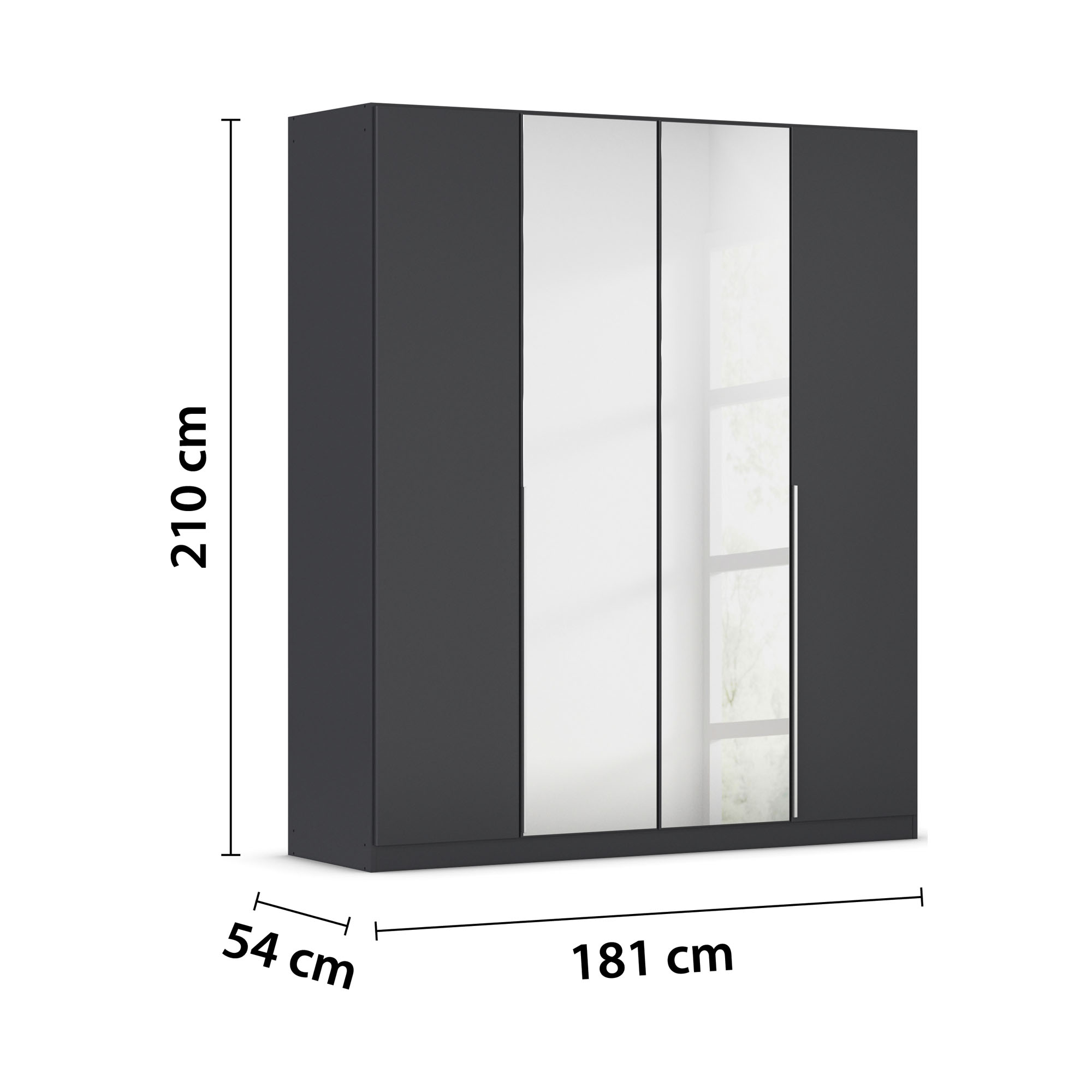 Grau-Metallicer 4-türiger Kleiderschrank mit den Maßen 181 cm Breite, 210 cm Höhe und 54 cm Tiefe