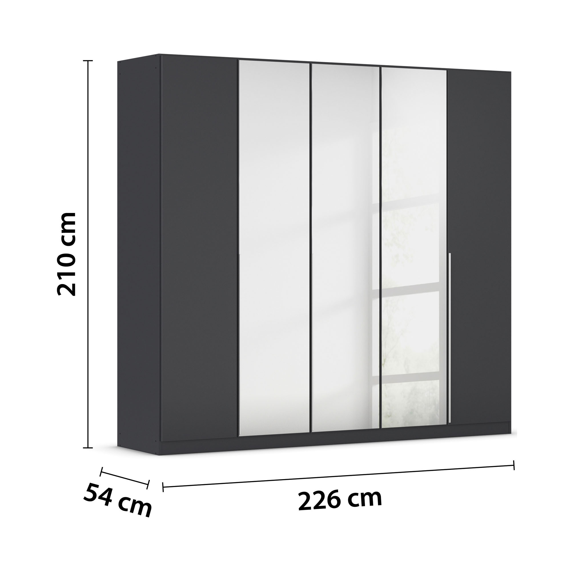 Grau-Metallicer Kleiderschrank mit eingezeichneten Maßen von 226 cm Breite, 210 cm Höhe und 54 cm Tiefe