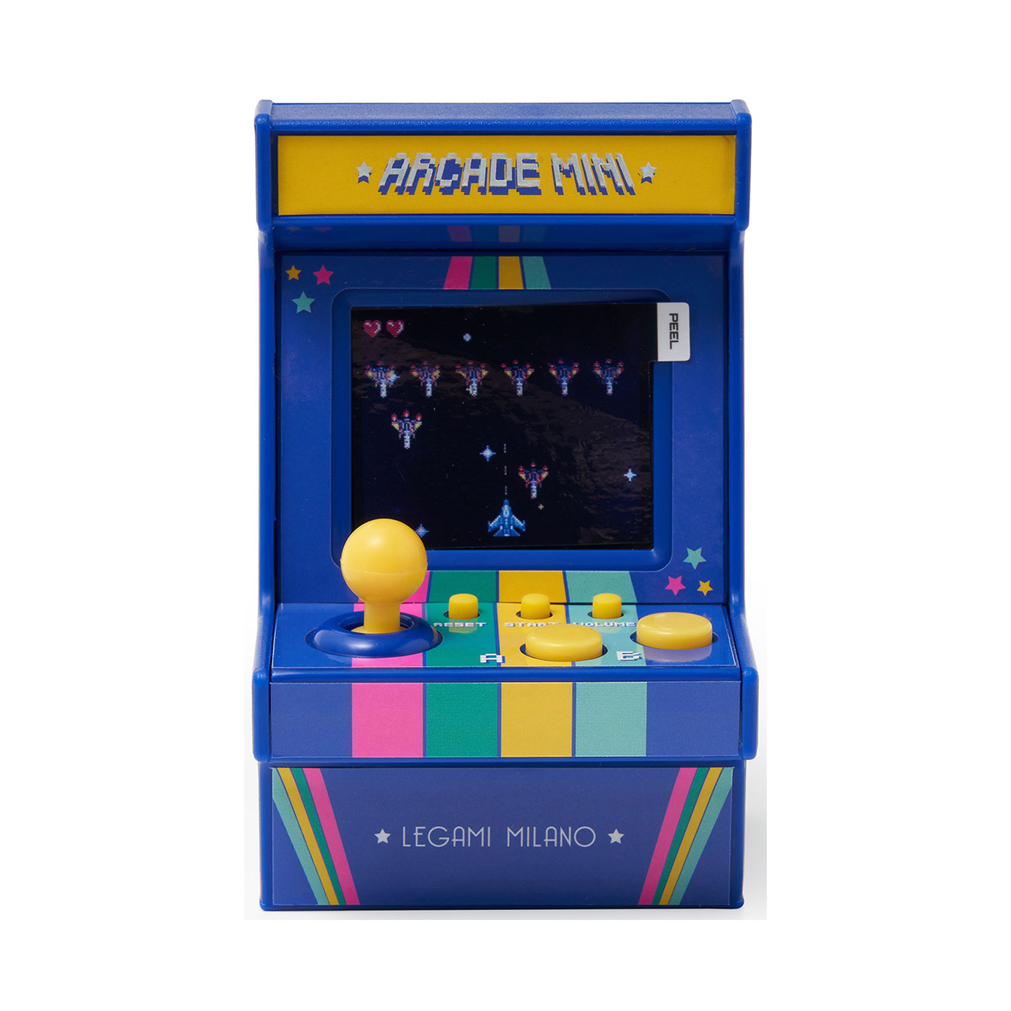 Blau-gelbes Mini-Arcade-Spiel, frontal als blau-gelber Mini-Arcade-Automat dargestellt.