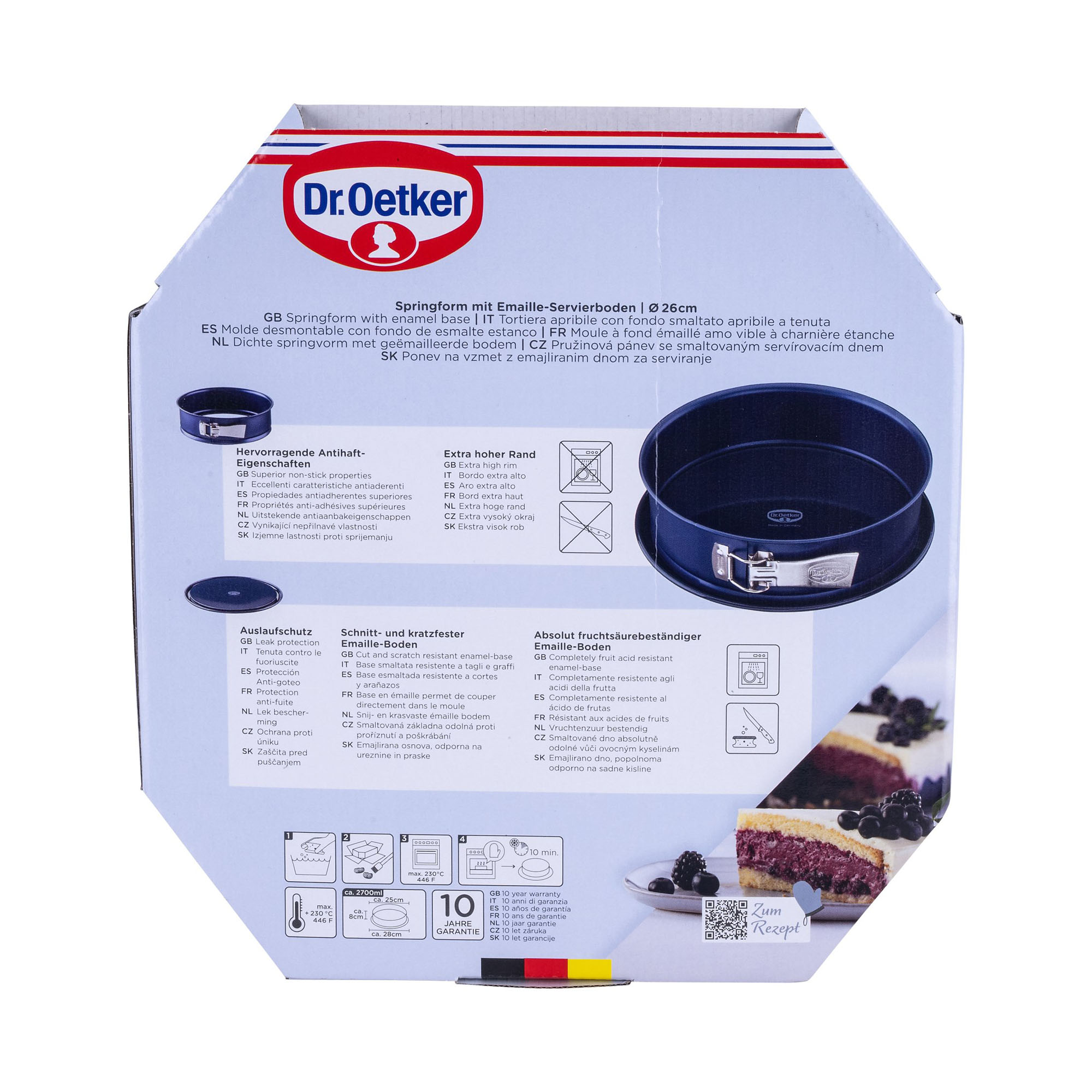 Rückseite der Verpackung zeigt Funktionen und Eigenschaften der Emaille Springform von Dr Oetker