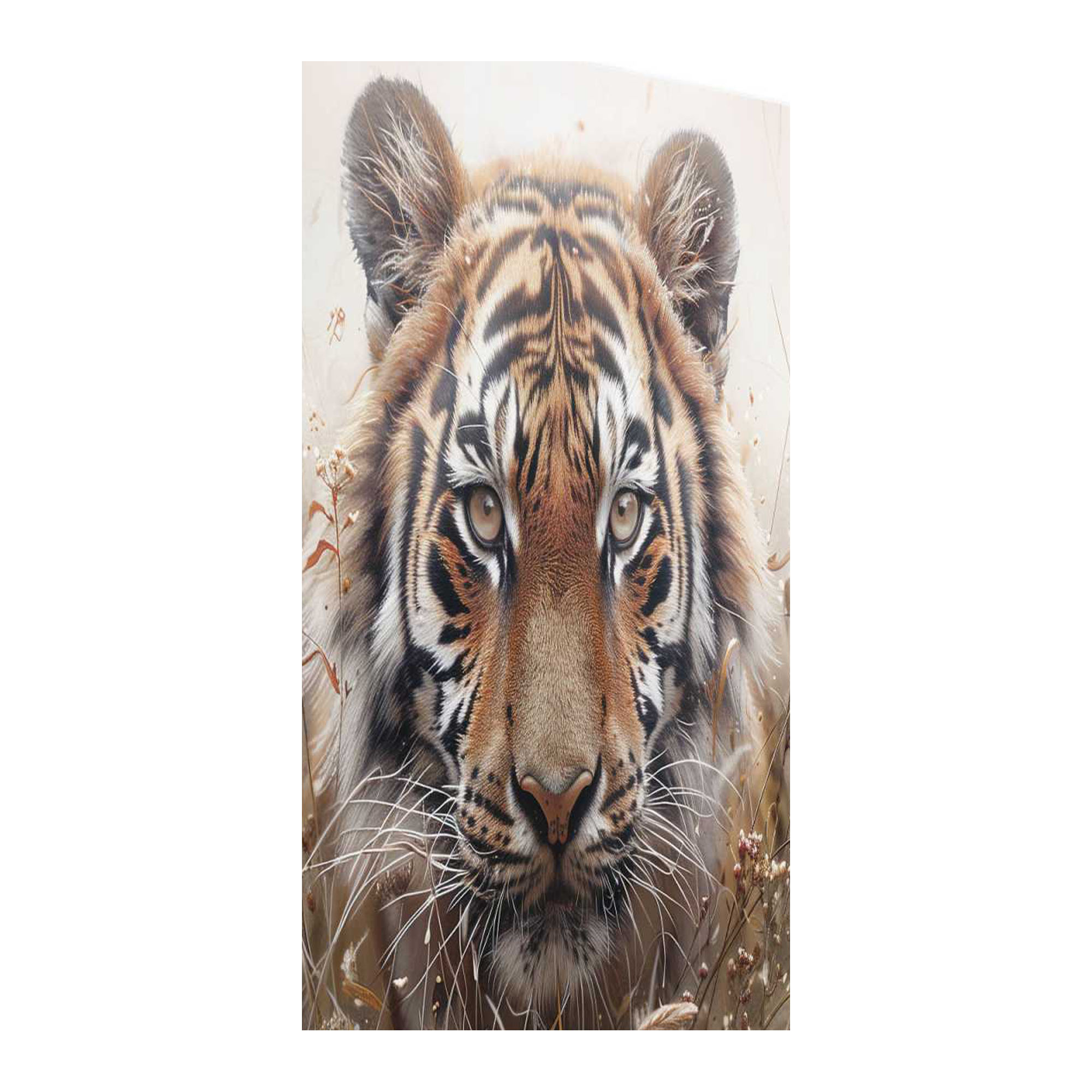 Seitliche Schrägansicht des Wandbilds „Hunting Tiger“, 60 × 90 cm; Profil, Kante und Tiefe des Bildes sind erkennbar.