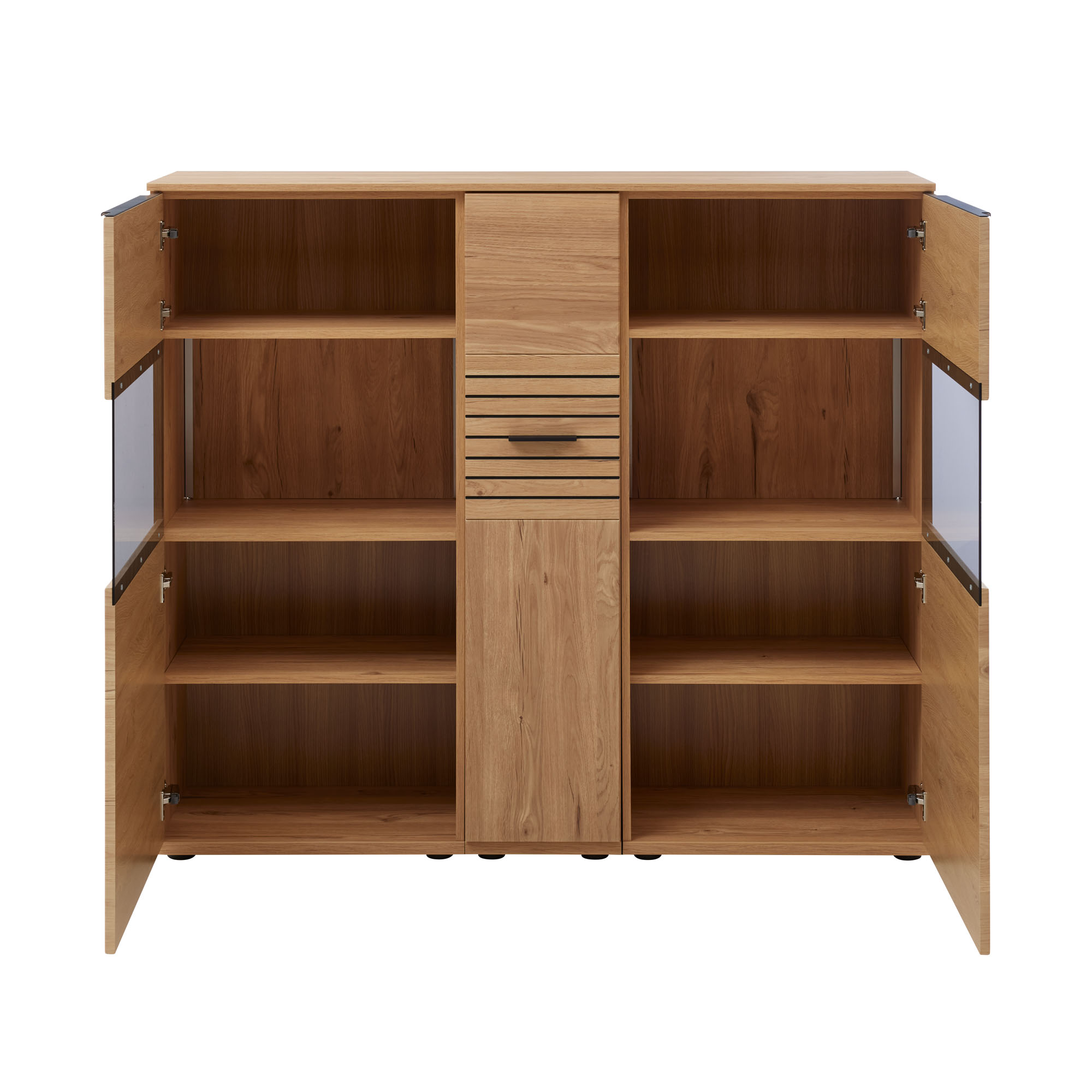 Interliving 2032 Highboard geöffnet mit mehreren Einlegeböden und großzügigem Stauraum in Eiche natur Optik