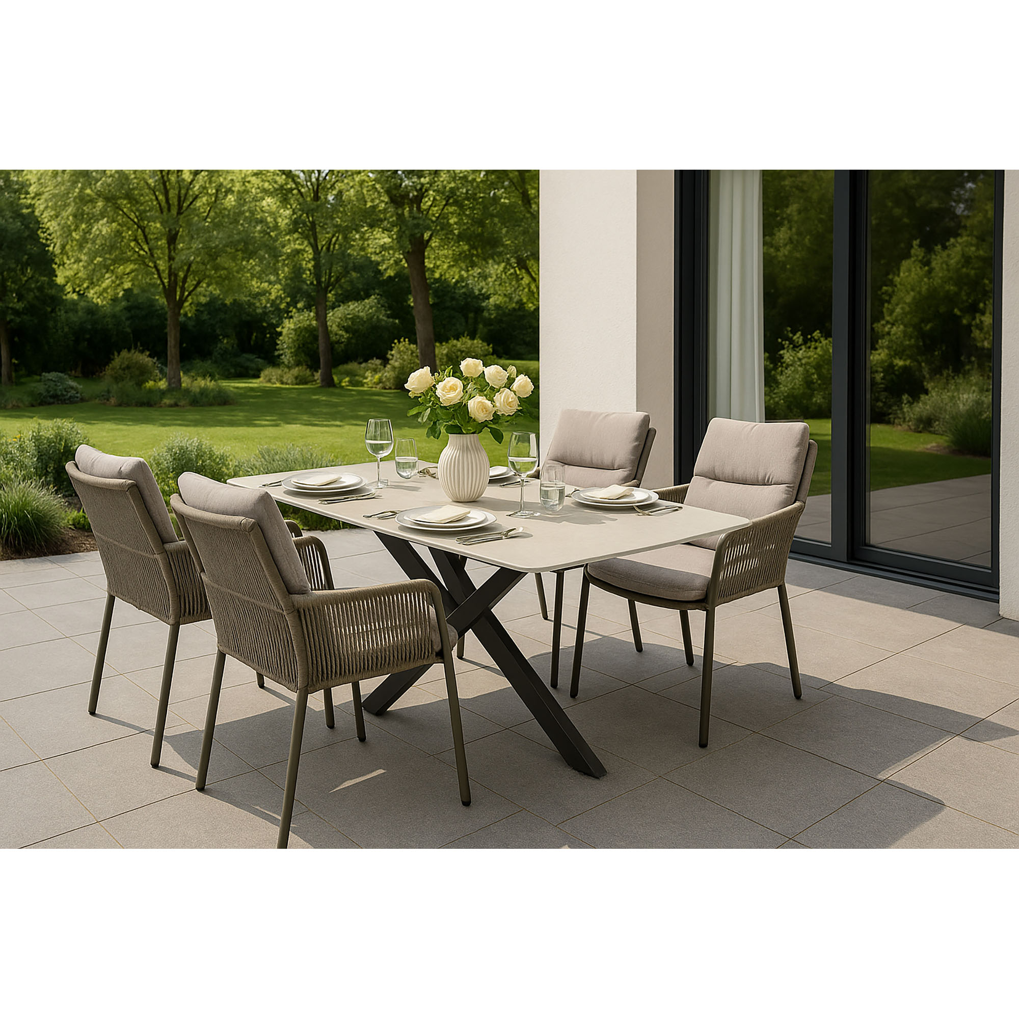 Mehrere Gartenstühle mit Tisch im Außenbereich auf einer Terrasse