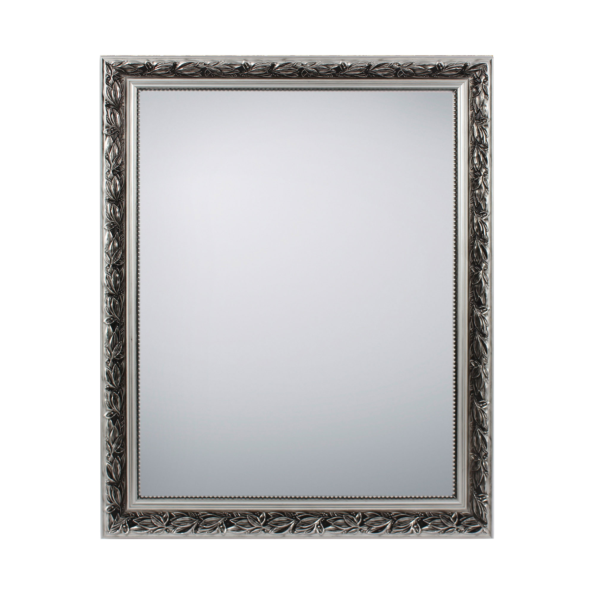 Spiegel Sonja in Silber, freigestellt in einer zweiten Gesamtansicht; zu sehen ist die rechteckige Spiegelfläche mit ornamentiertem Rahmen; Maße ca. 55 x 70 x 3,5 cm.