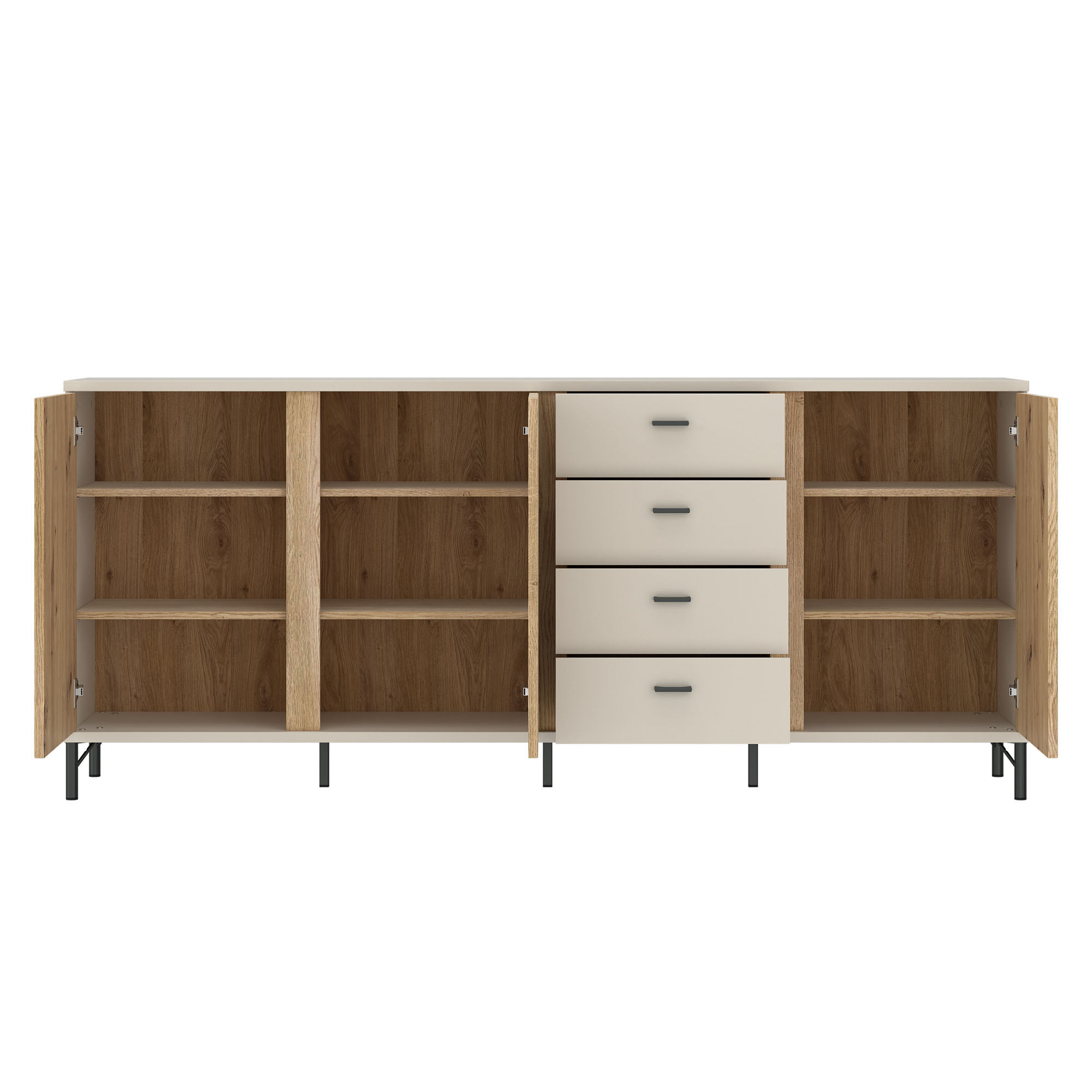 Sideboard in Kaschmir und Eiche mit geöffneten Türen, vier Schubladen und großzügigem Stauraum auf mehreren Einlegeböden