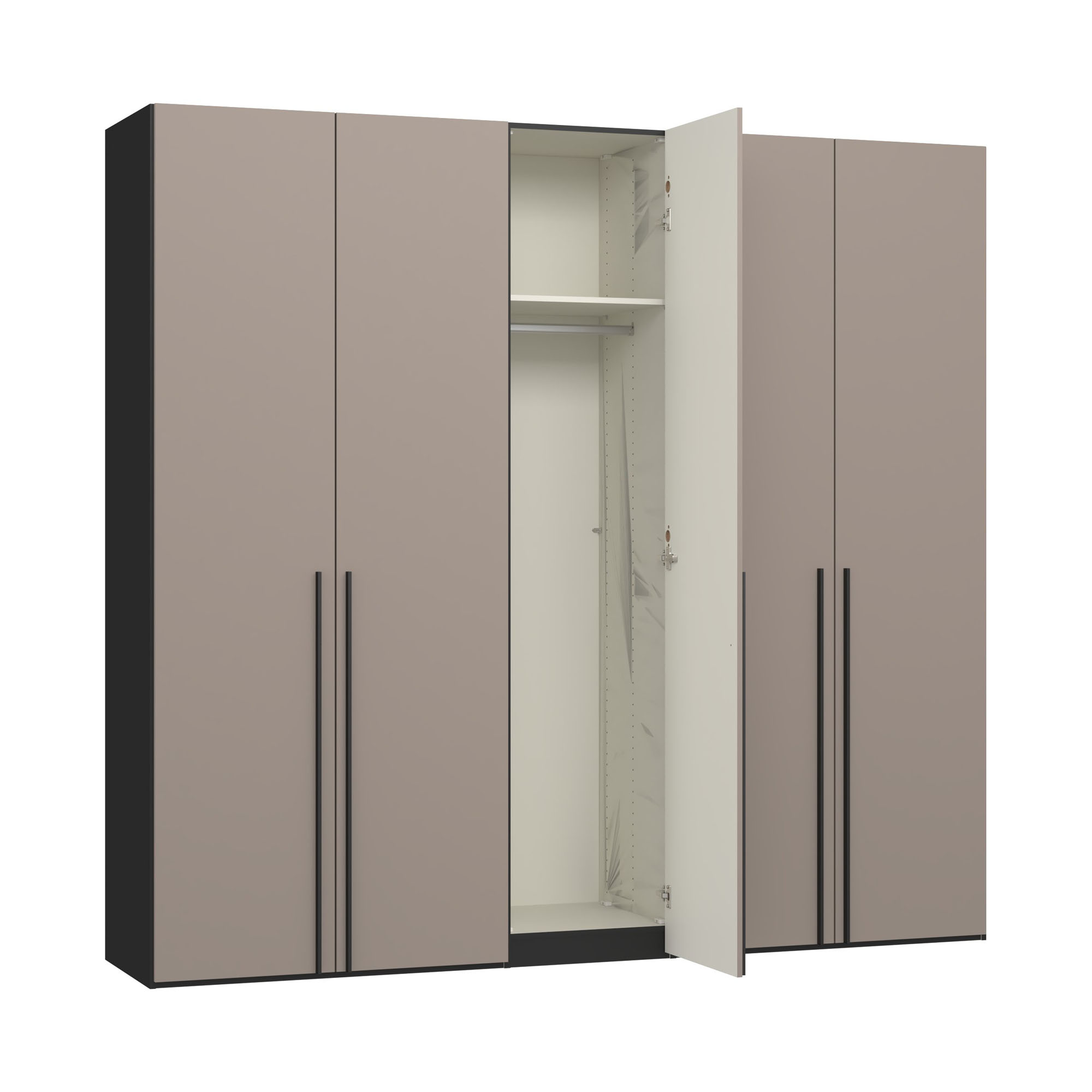 Kleiderschrank mit mittig geöffneter Tür und sichtbarem Innenraum zur Aufbewahrung von Kleidung