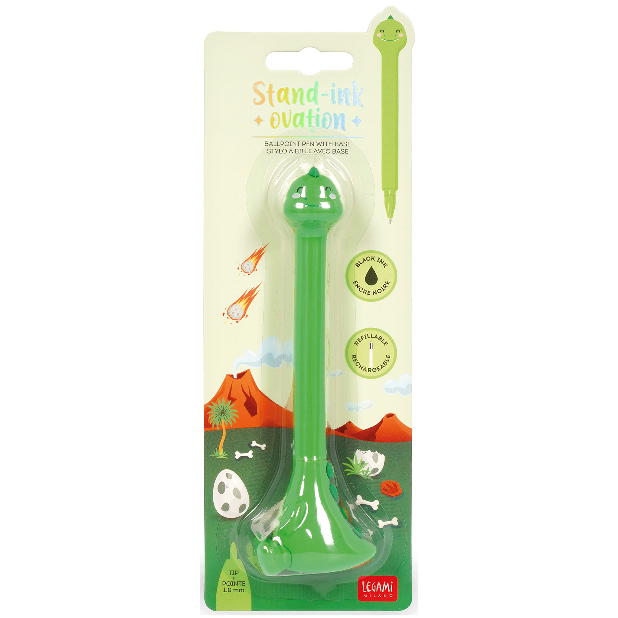 Grüner Kugelschreiber mit Dinosaurier-Standfuß, in einer langen transparenten Blisterverpackung dargestellt.