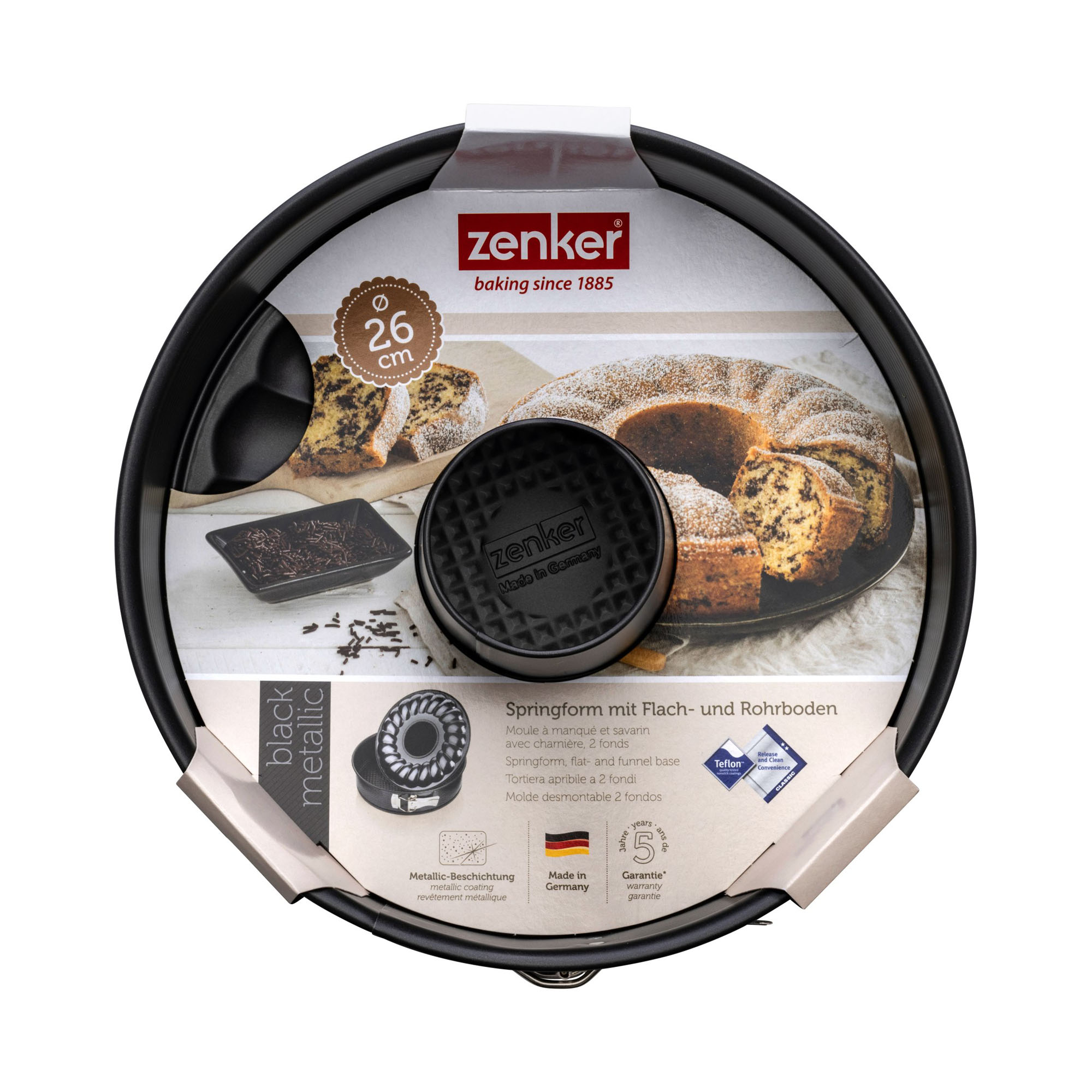 Verpackung der 26 cm Springform mit Kuchenabbildung