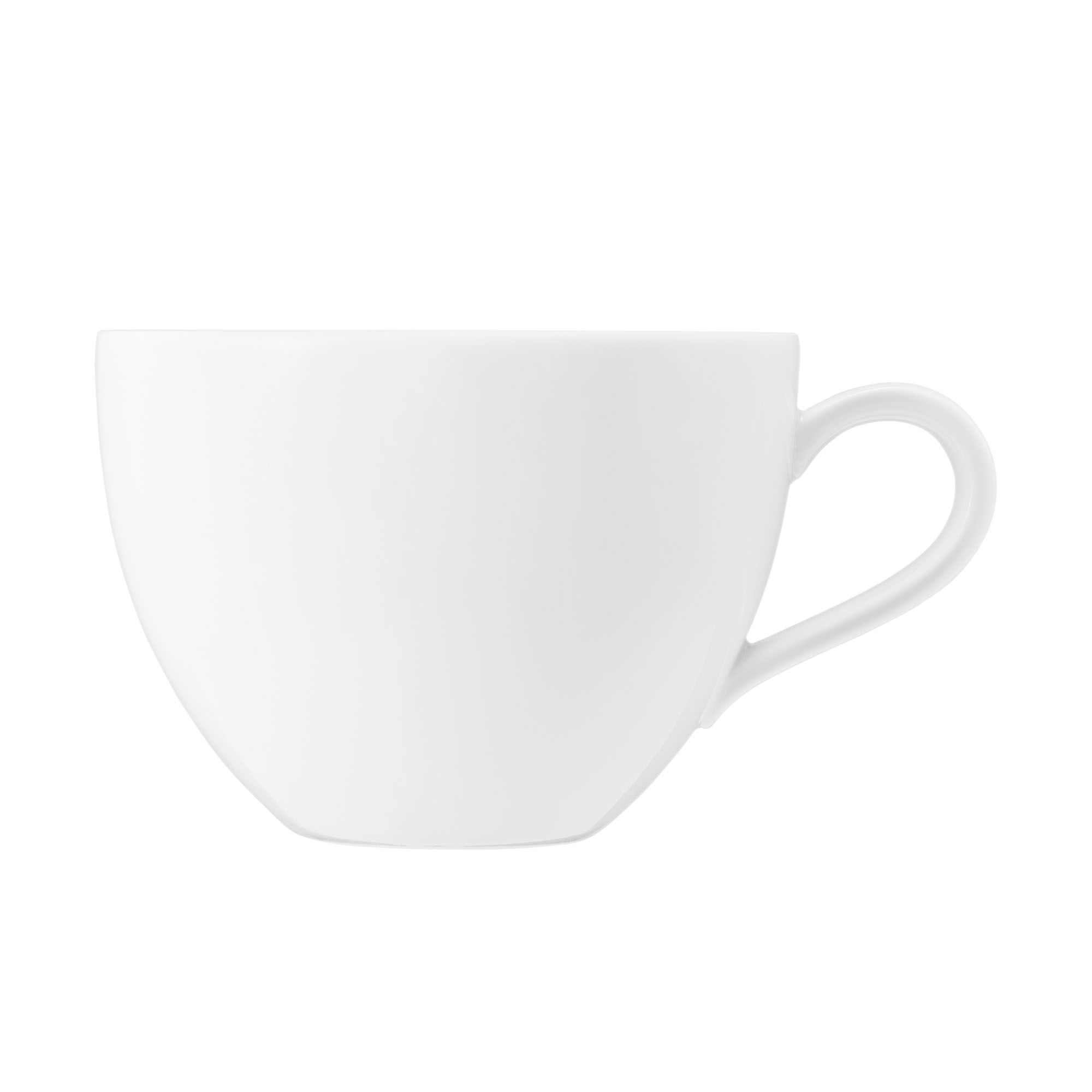 Tasse in Weiß. Darstellung: Ansicht der zweiten Seite. Merkmale: kleine geradlinige Form mit Henkel.