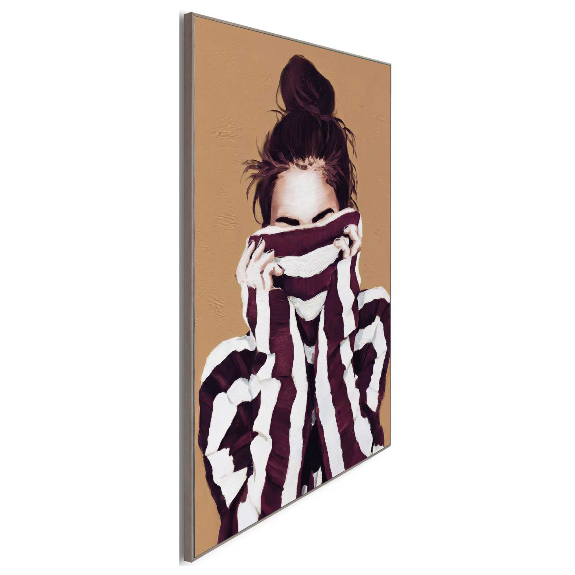 Seitliche Schrägansicht des Wandbilds „Hiding“, 50 × 70 cm; Profil, Kante und Tiefe des Bildes sind erkennbar.