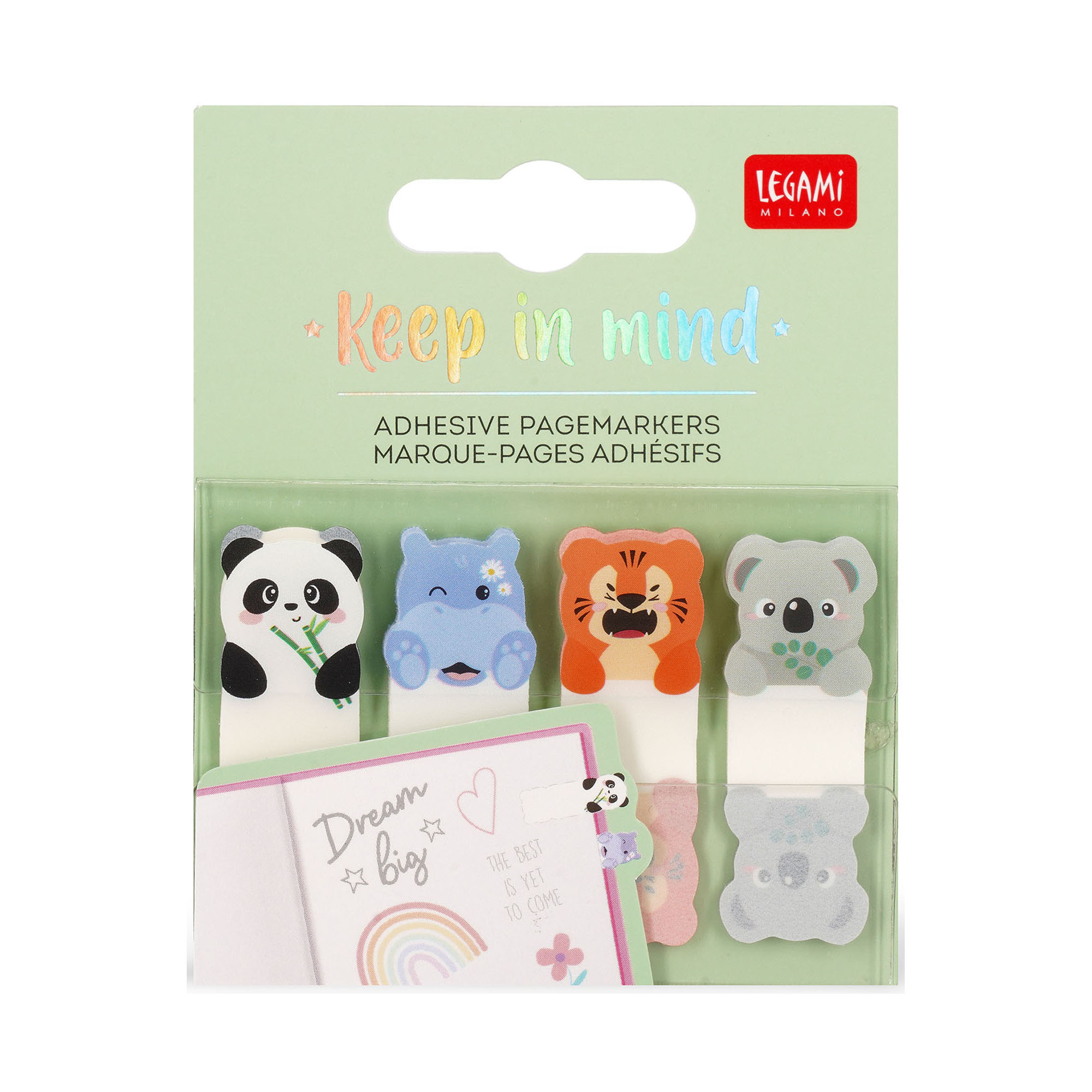Selbstklebende Seitenmarker mit verschiedenen Tiermotiven, als Set in einer bedruckten Blisterkarte dargestellt.