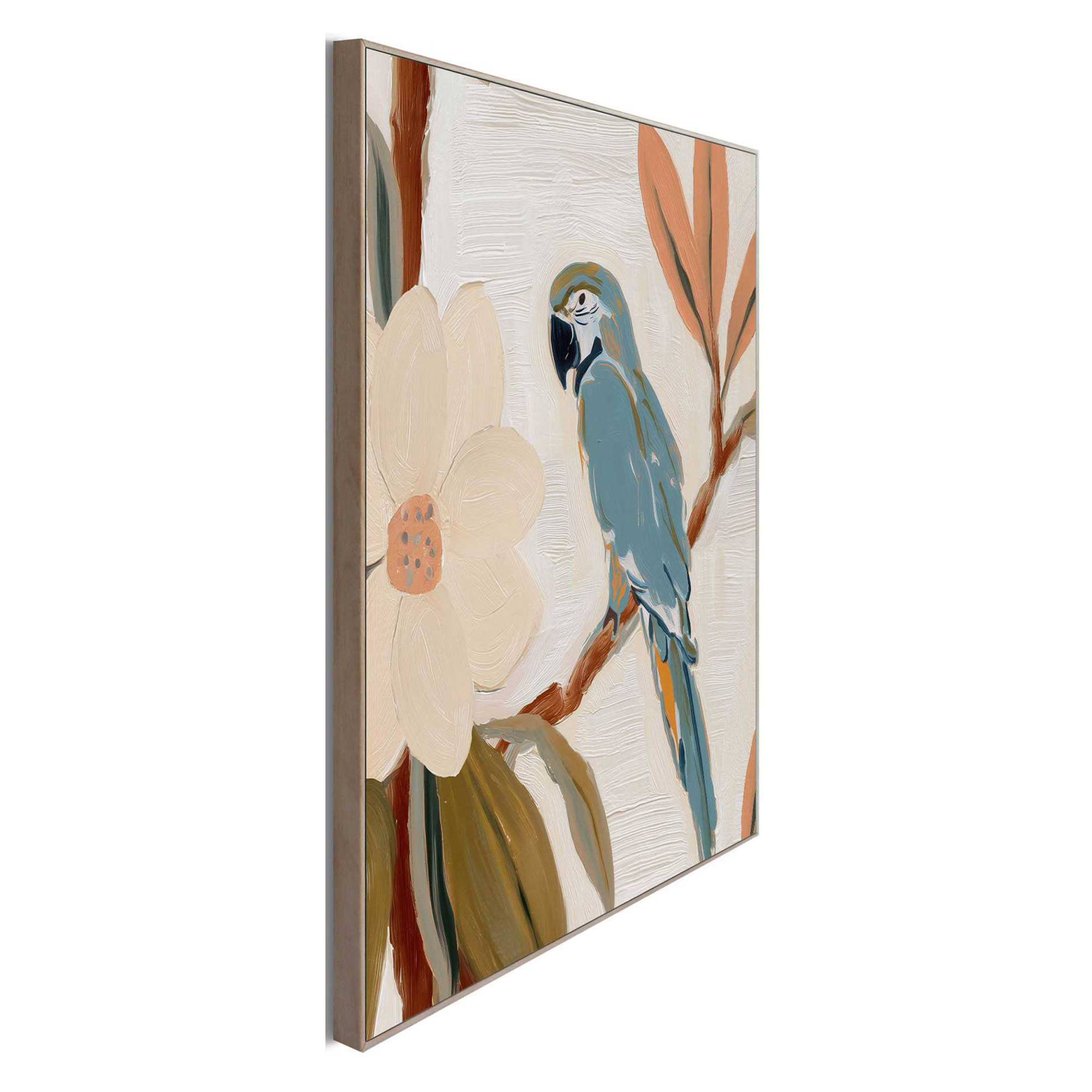 Seitliche Schrägansicht des Wandbilds „Loro Blue“, 50 × 50 cm; Profil, Kante und Tiefe des Bildes sind erkennbar.