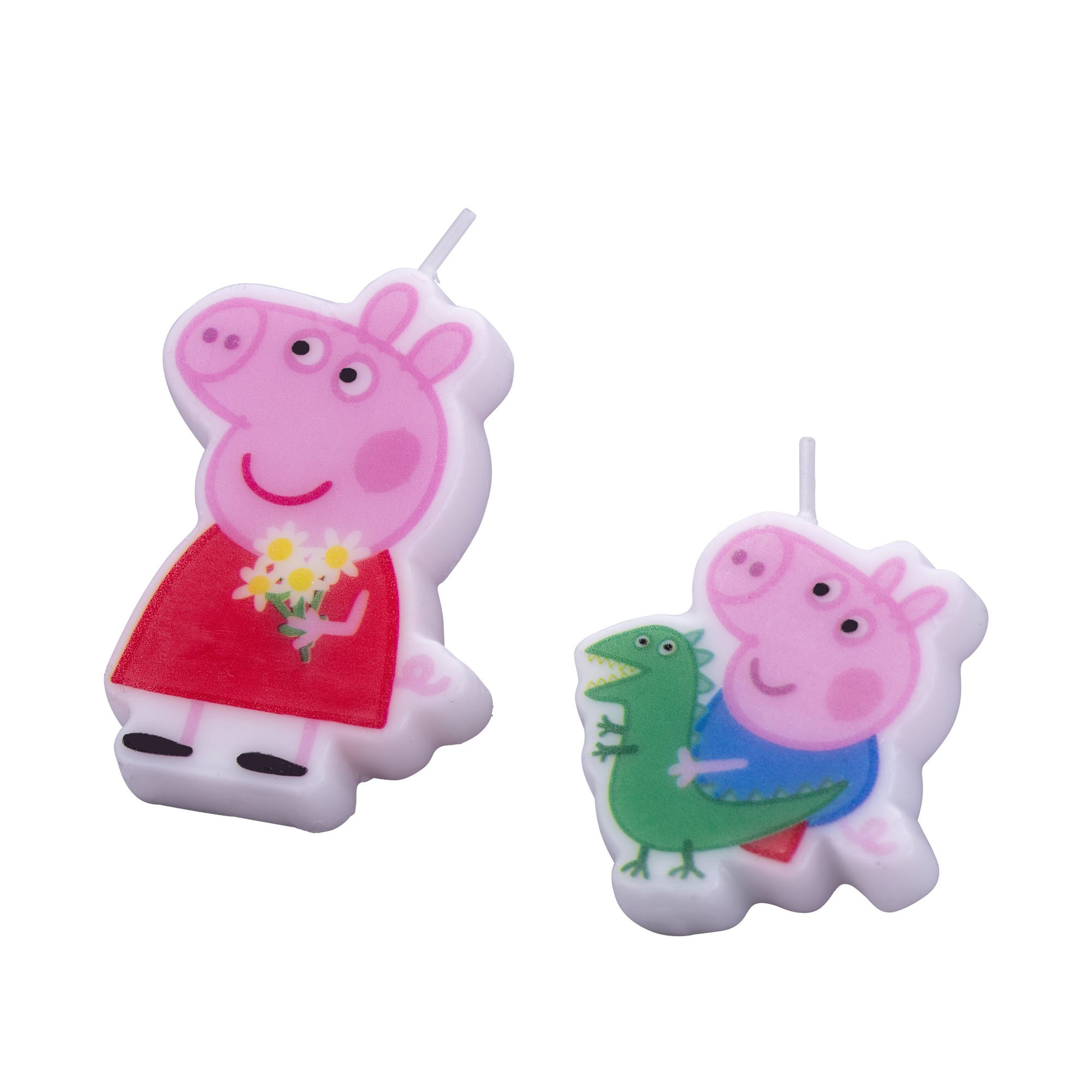 Zwei Peppa Pig Motivkerzen mit Figuren und bunten Details