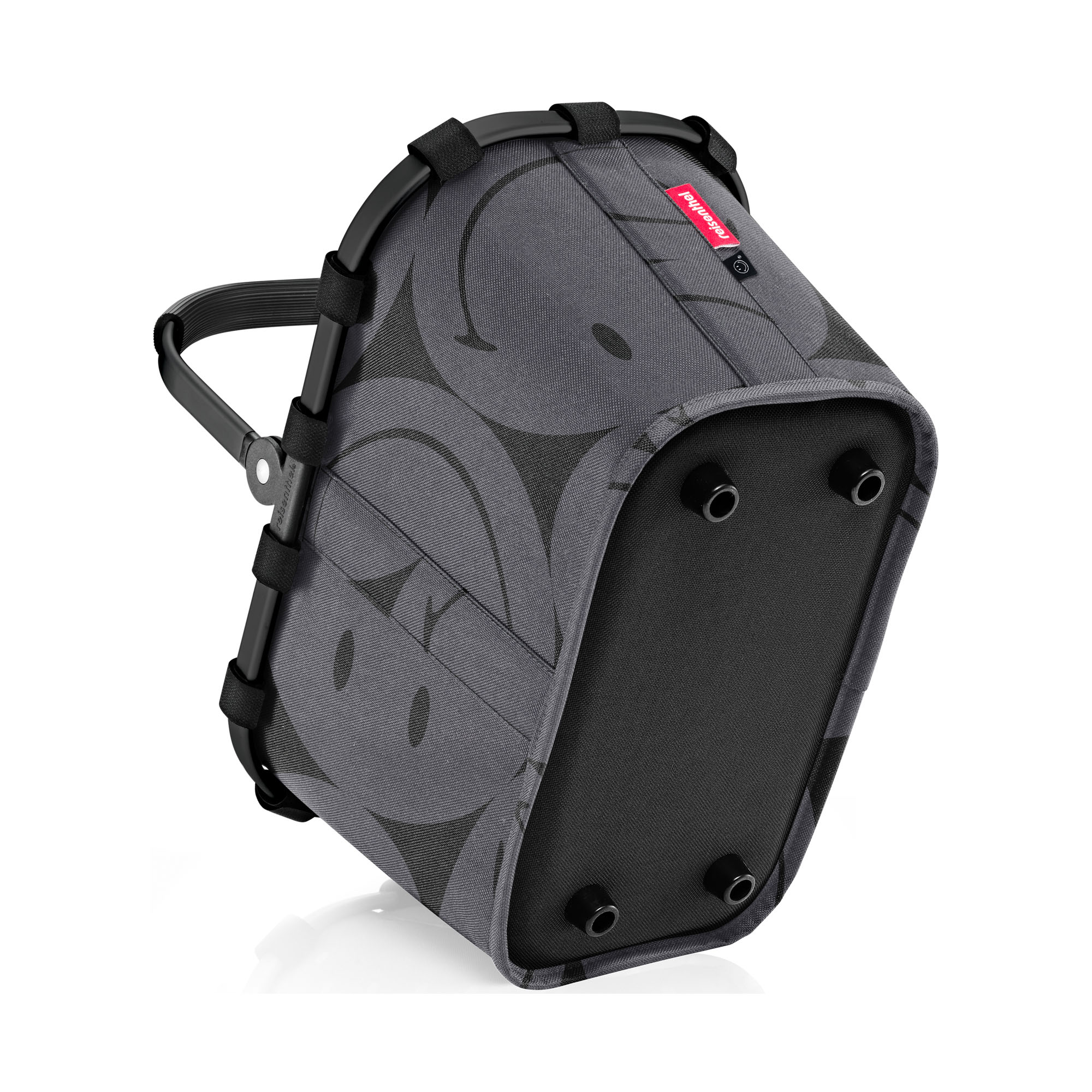 Kleiner Einkaufskorb von Reisenthel, Modell Carrybag XS, in Grau mit großflächigem Smiley-Muster, schräg von unten mit vier schwarzen Standfüßen.