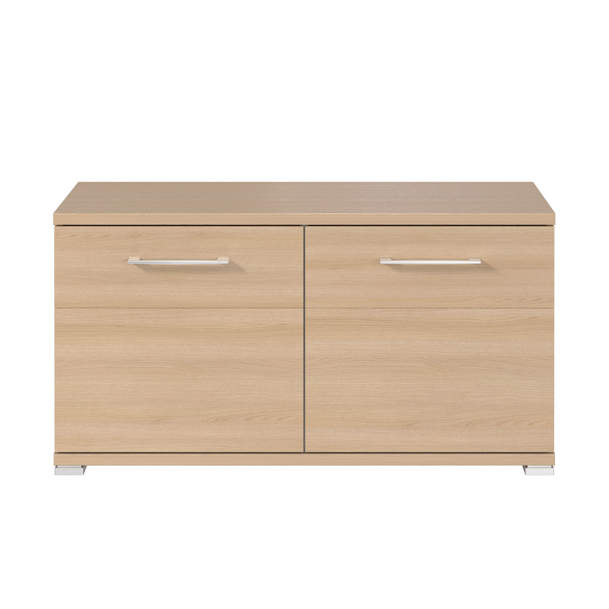 Frontalansicht der Sitzbank aus Holzoptik mit zwei Türen und Metallgriffen