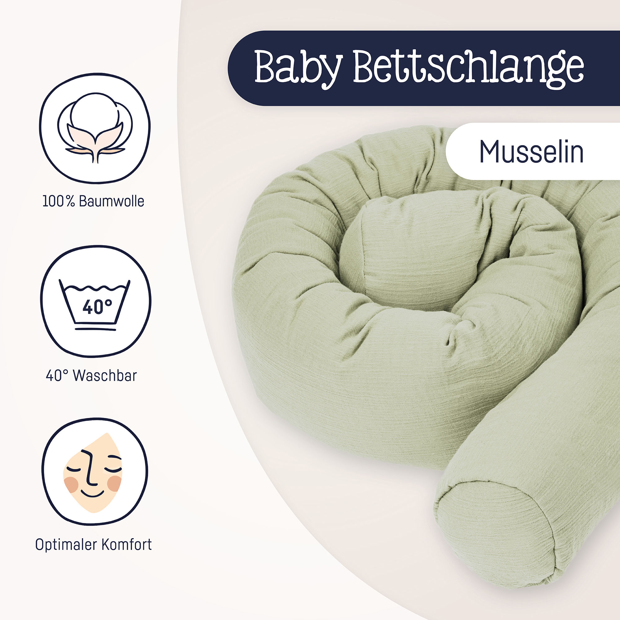 Darstellung einer limegrünen Musselin-Bettschlange mit Icons zu 100 % Baumwolle, 40 Grad waschbar und optimalem Komfort