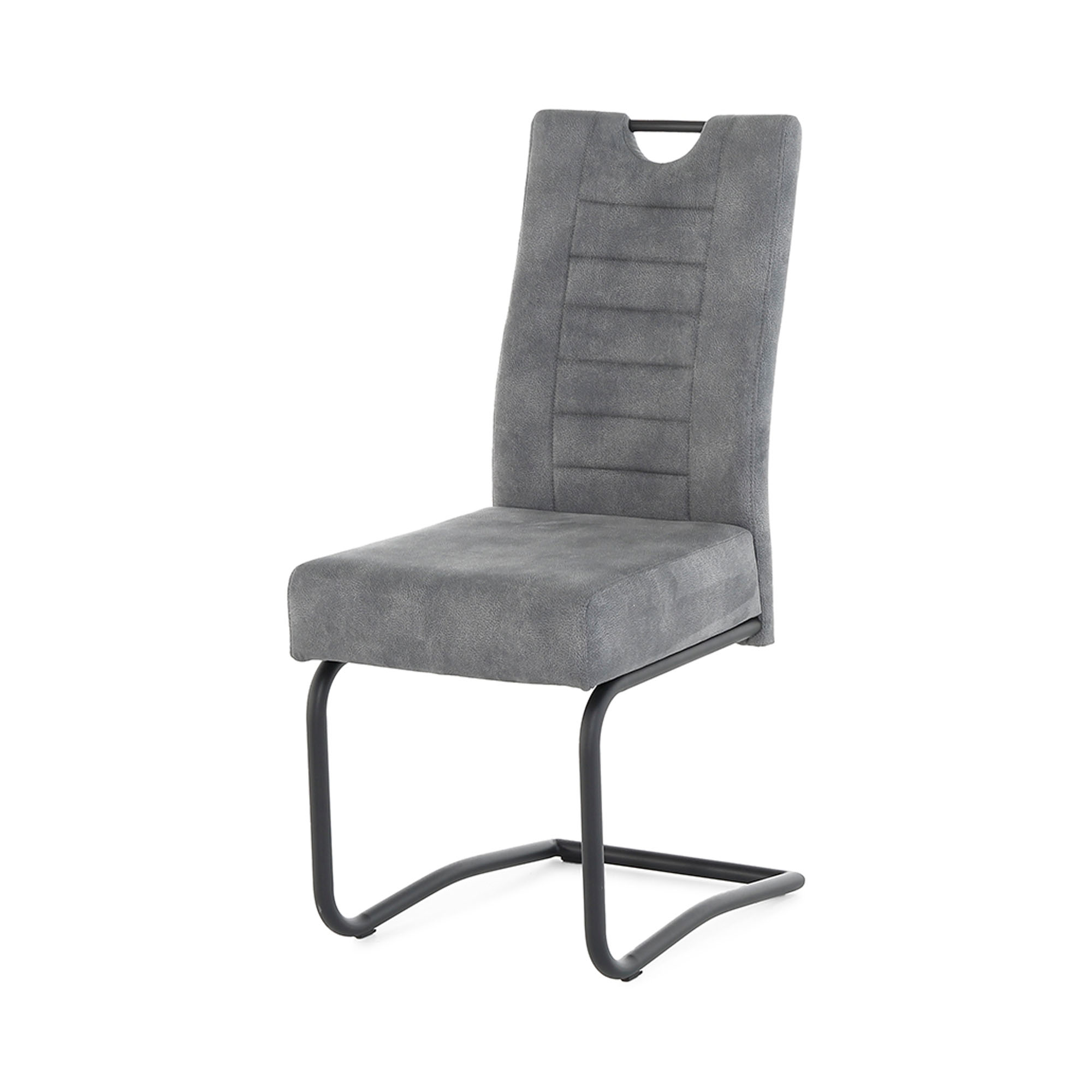 Bequemer Freischwinger mit gepolsterter Sitzfläche, Griffmulde an der Rückenlehne und Metallgestell in Schwarz.