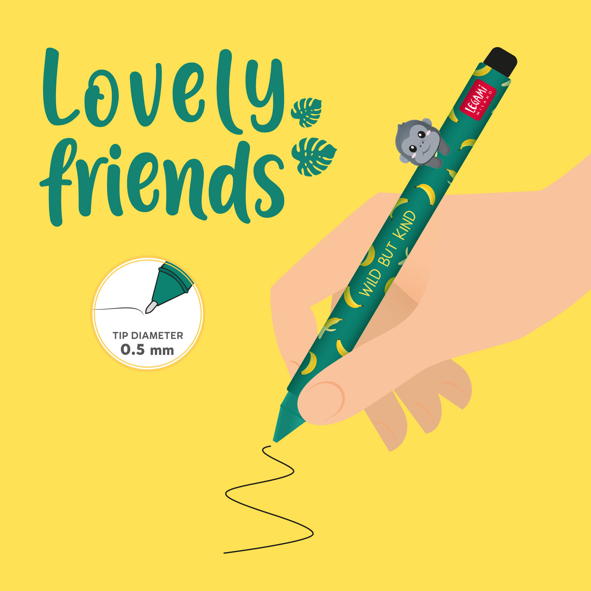 Grüner Gelstift mit Gorilla-Aufsatz, in einer Grafik in der Hand beim Schreiben dargestellt.