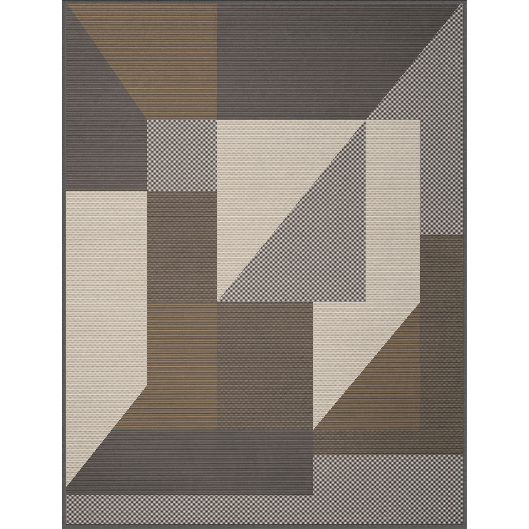 Flach dargestellte Wohndecke Cotton Home Springfield Bright mit großflächigem geometrischem Muster in Beige, Grau, Braun und Creme.