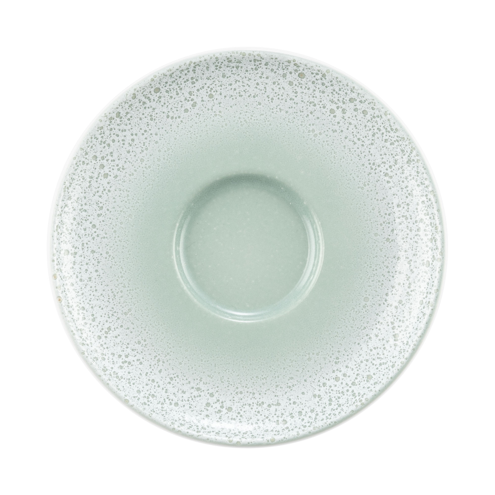 Untertasse in Mint. rund, fein gesprenkelt und mit mittiger Vertiefung. Ansicht: Draufsicht.