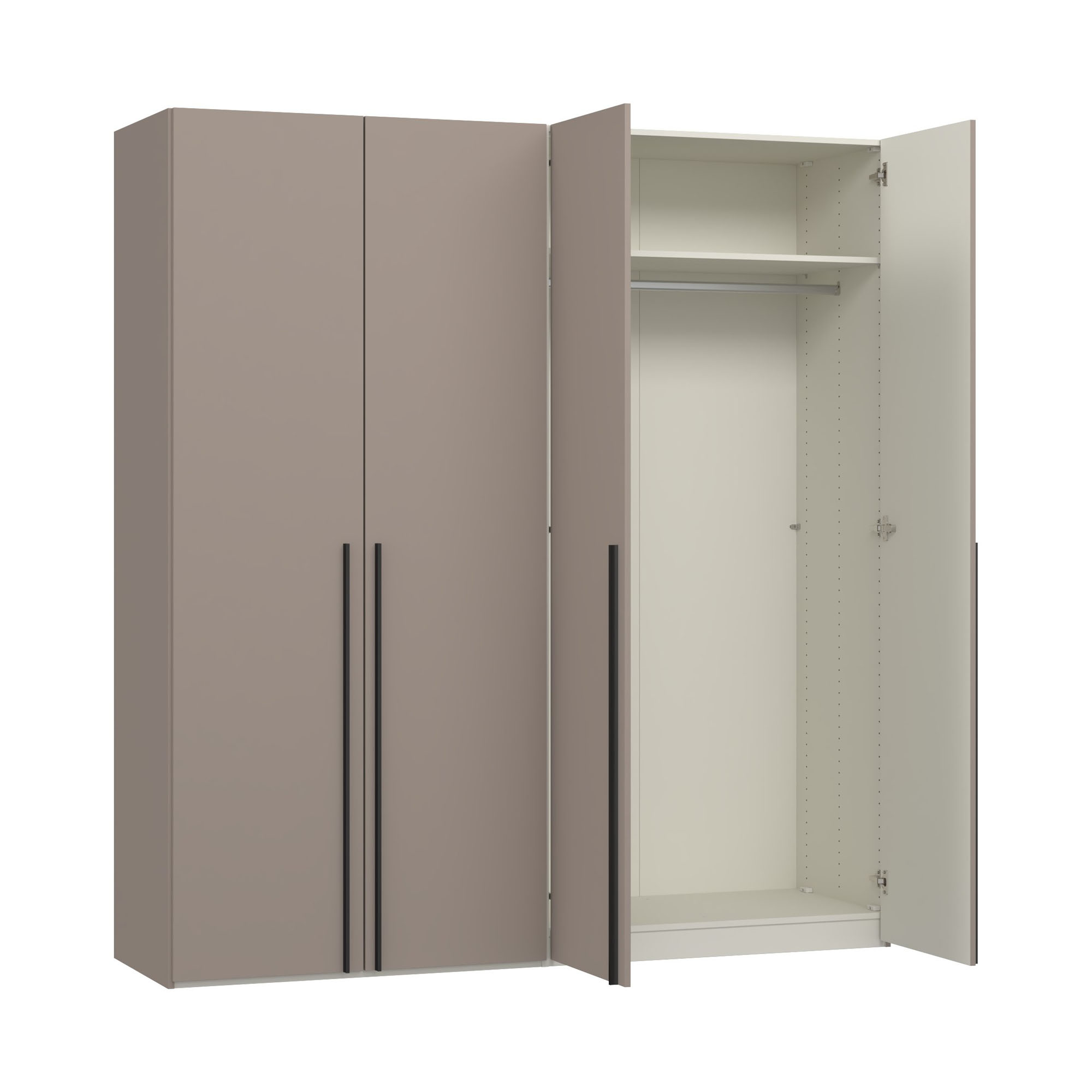 Viertüriger Kleiderschrank mit rechts geöffneter Tür und sichtbarem Innenraum mit Stauraumaufteilung