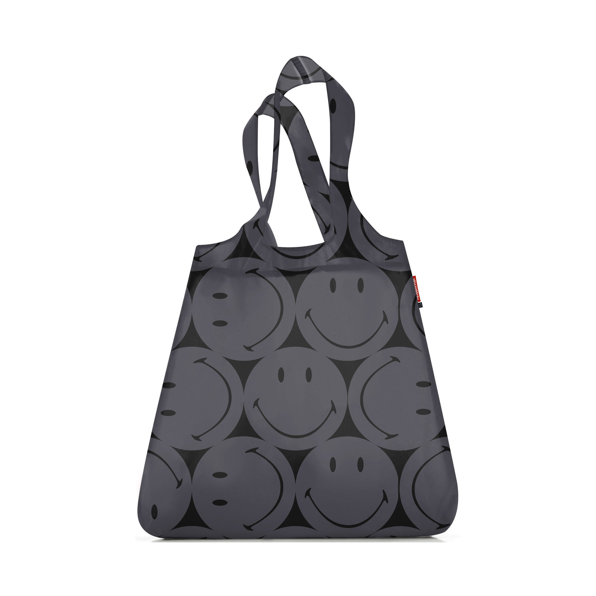 Faltbare Einkaufstasche von Reisenthel, Modell Mini Maxi Shopper, in Grau mit großflächigem Smiley-Muster, vollständig aufgefaltet mit zwei Tragegriffen.