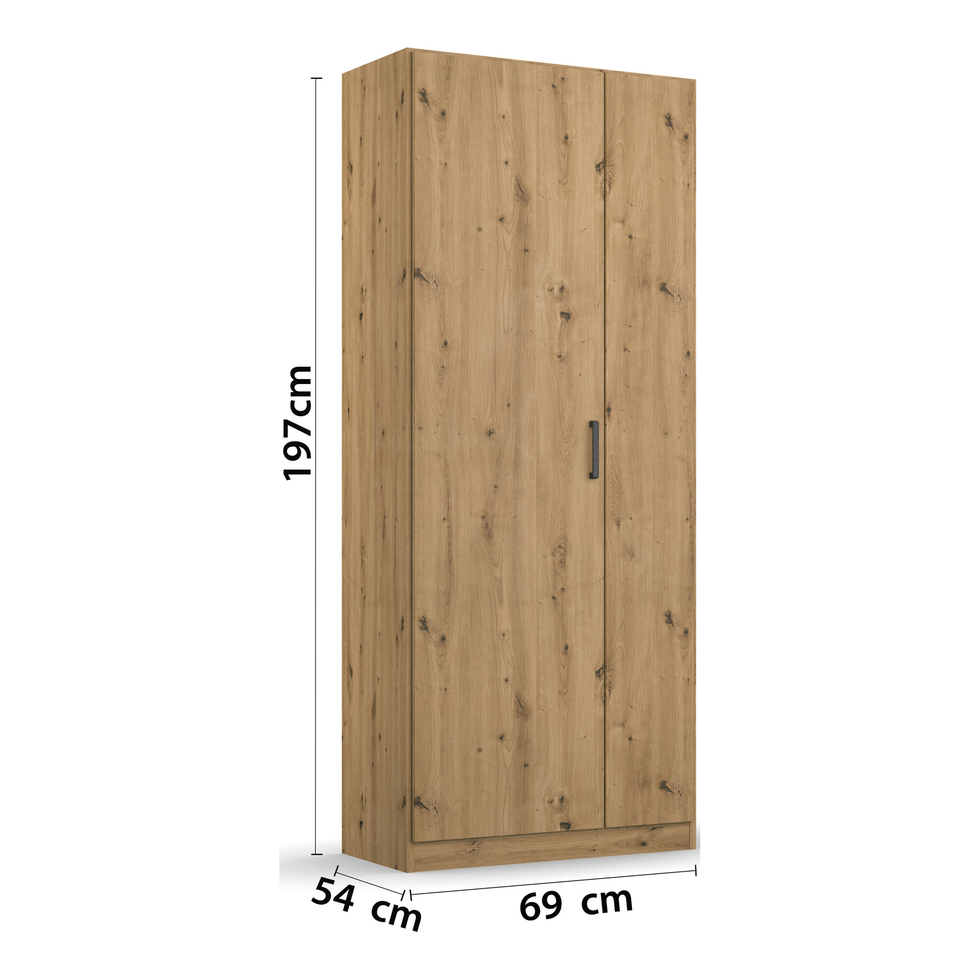 Drehtürenschrank im Dekor Eiche Artisan, Schräge Ansicht, zwei Türen sichtbar, Maße 69 × 197 × 54 cm