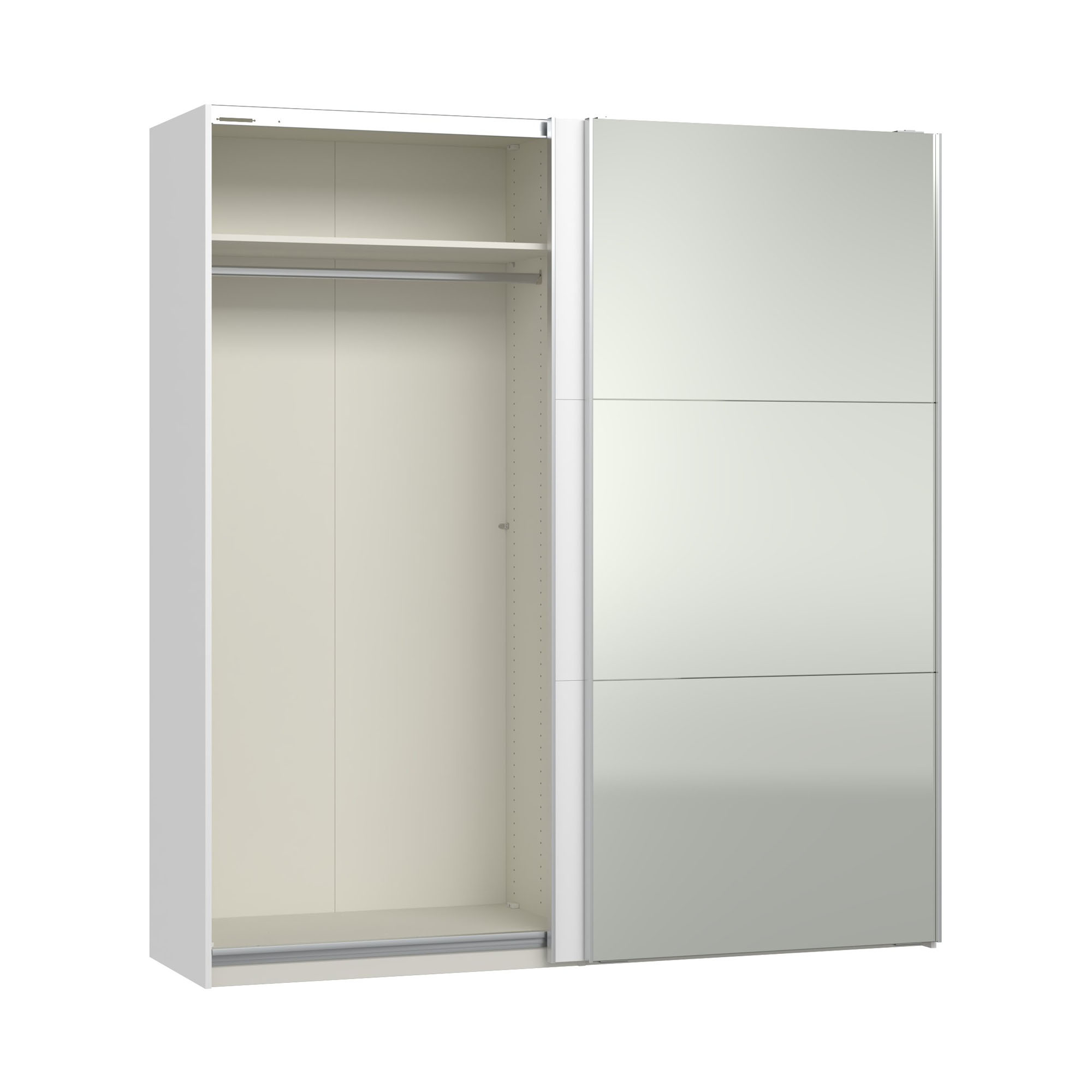 Schwebetürenschrank mit geöffneter Schiebetür und sichtbarem Innenraum