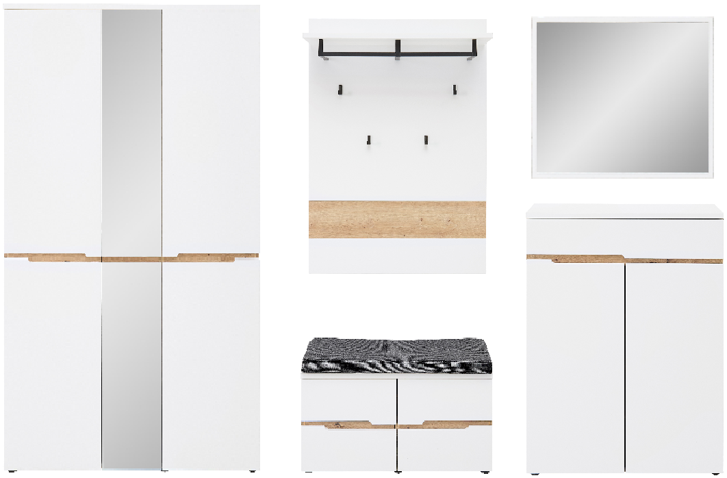 Fünfteiliges Garderoben-Set in Weiß mit hohem Schrank, Wandpaneel, Spiegel, Kommode und Sitzbank, frontal vor weißem Hintergrund dargestellt.