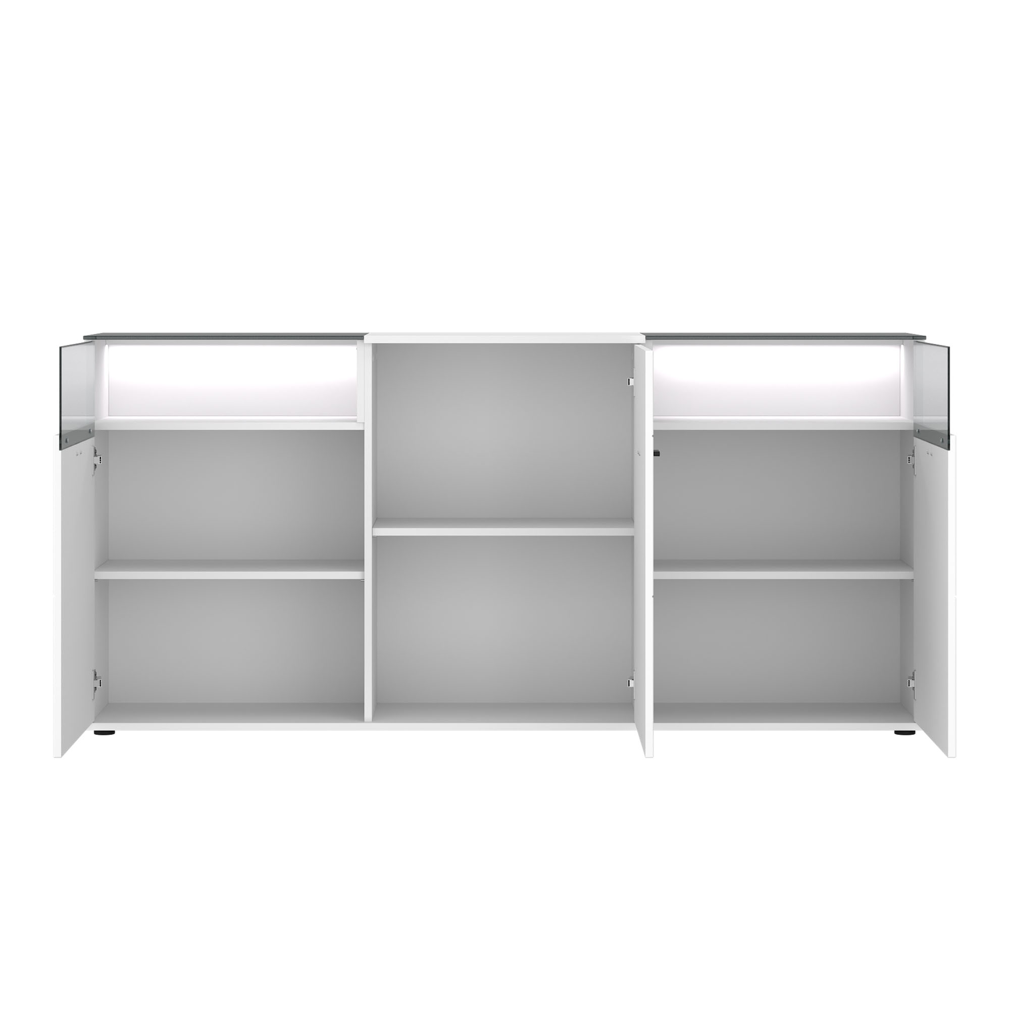 Geöffnetes Sideboard Rion in Weiß mit mehreren Einlegeböden, viel Stauraum und integrierter LED-Beleuchtung hinter den Glaseinsätzen