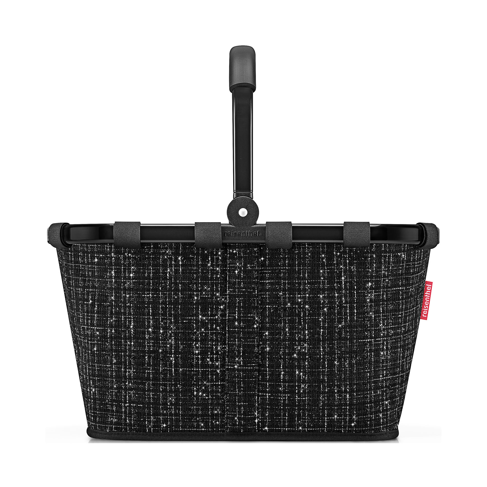 Einkaufskorb von Reisenthel, Modell Carrybag, in Schwarz mit Bouclé-Struktur, von hinten mit hochgestelltem Tragegriff