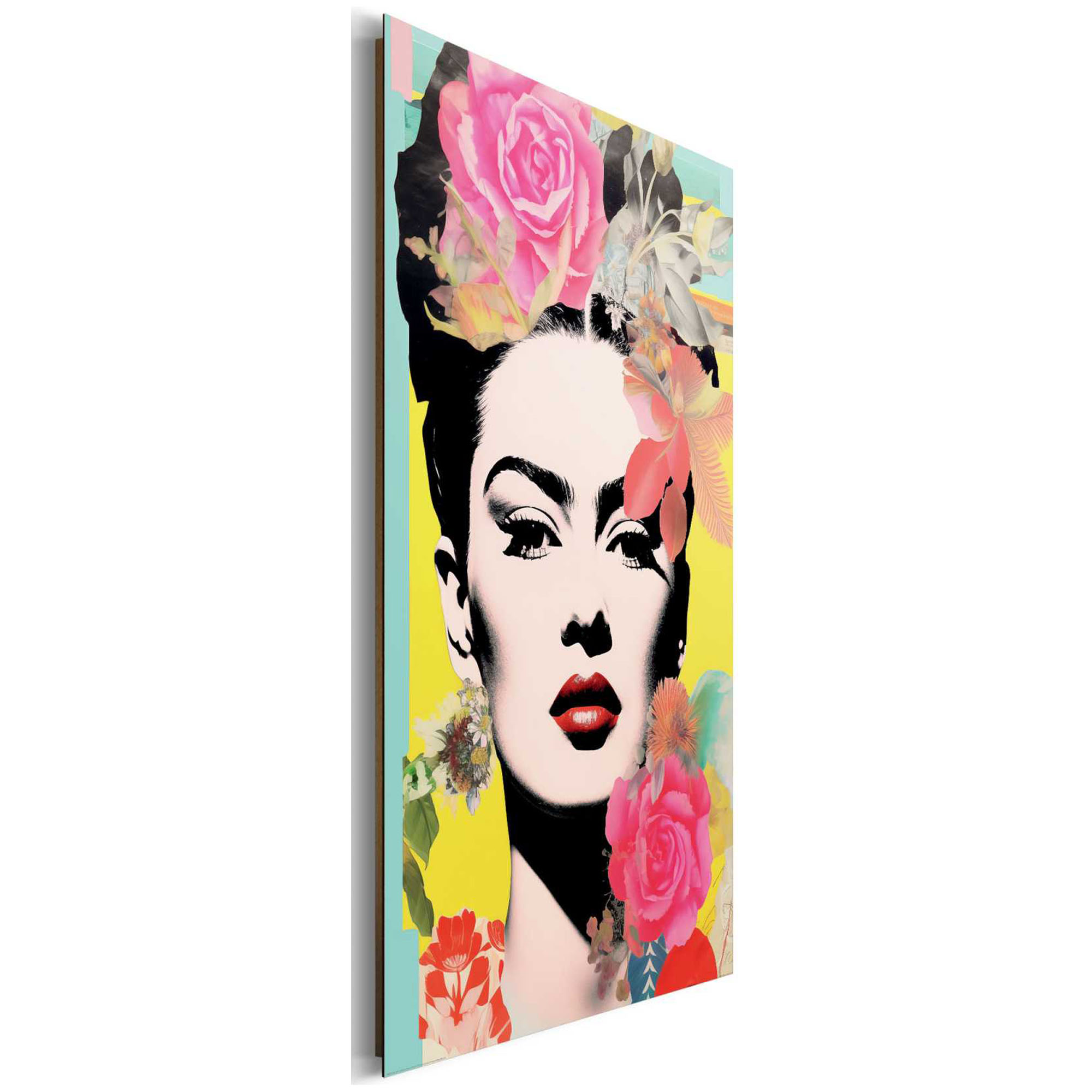 Seitliche Schrägansicht des Wandbilds „Frida Pop“, 60 × 90 cm; Profil, Kante und Tiefe des Bildes sind erkennbar.