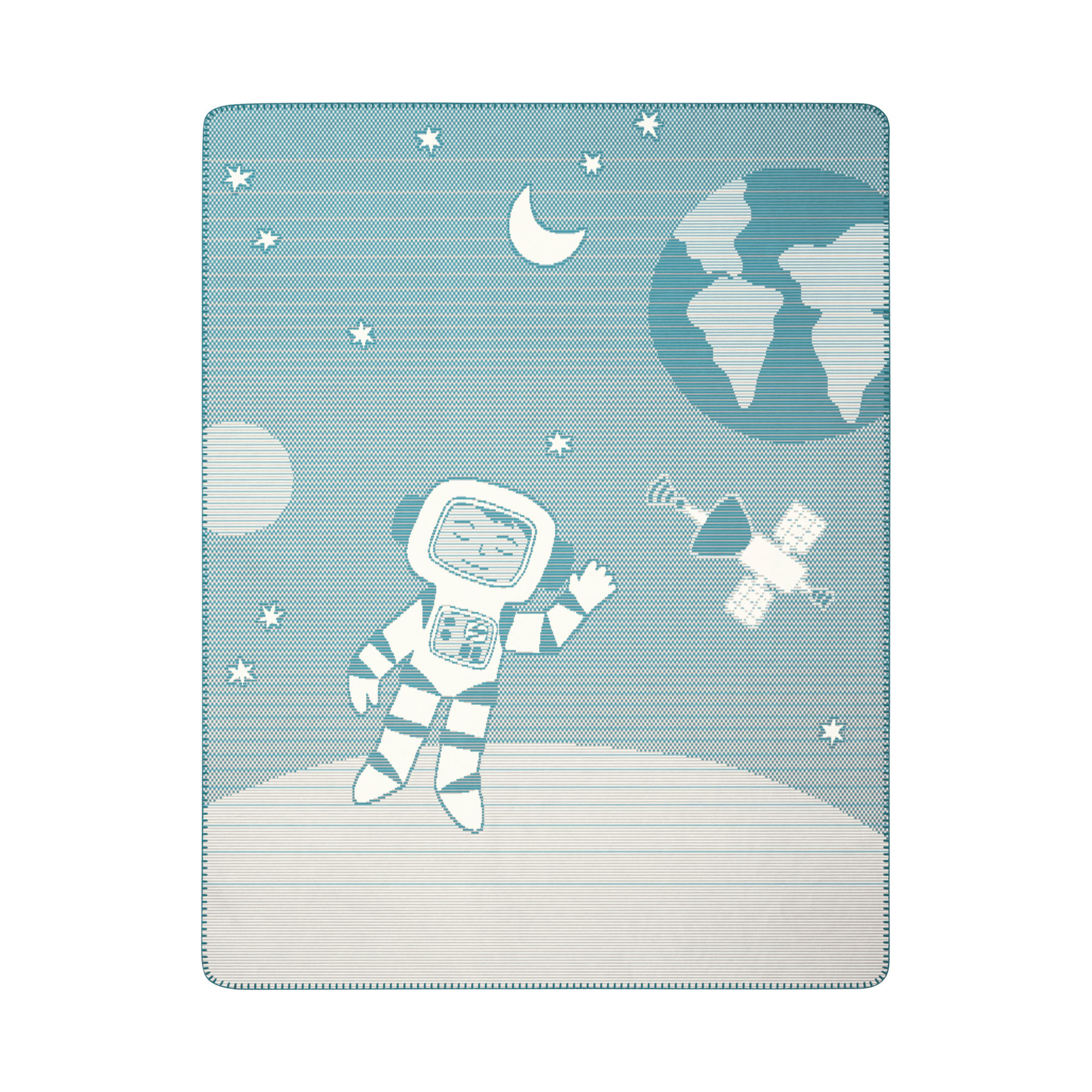 Babydecke Spacekid in Hellblau mit Astronaut, Erde, Mond und kleinen Sternen auf einem Weltraummotiv.