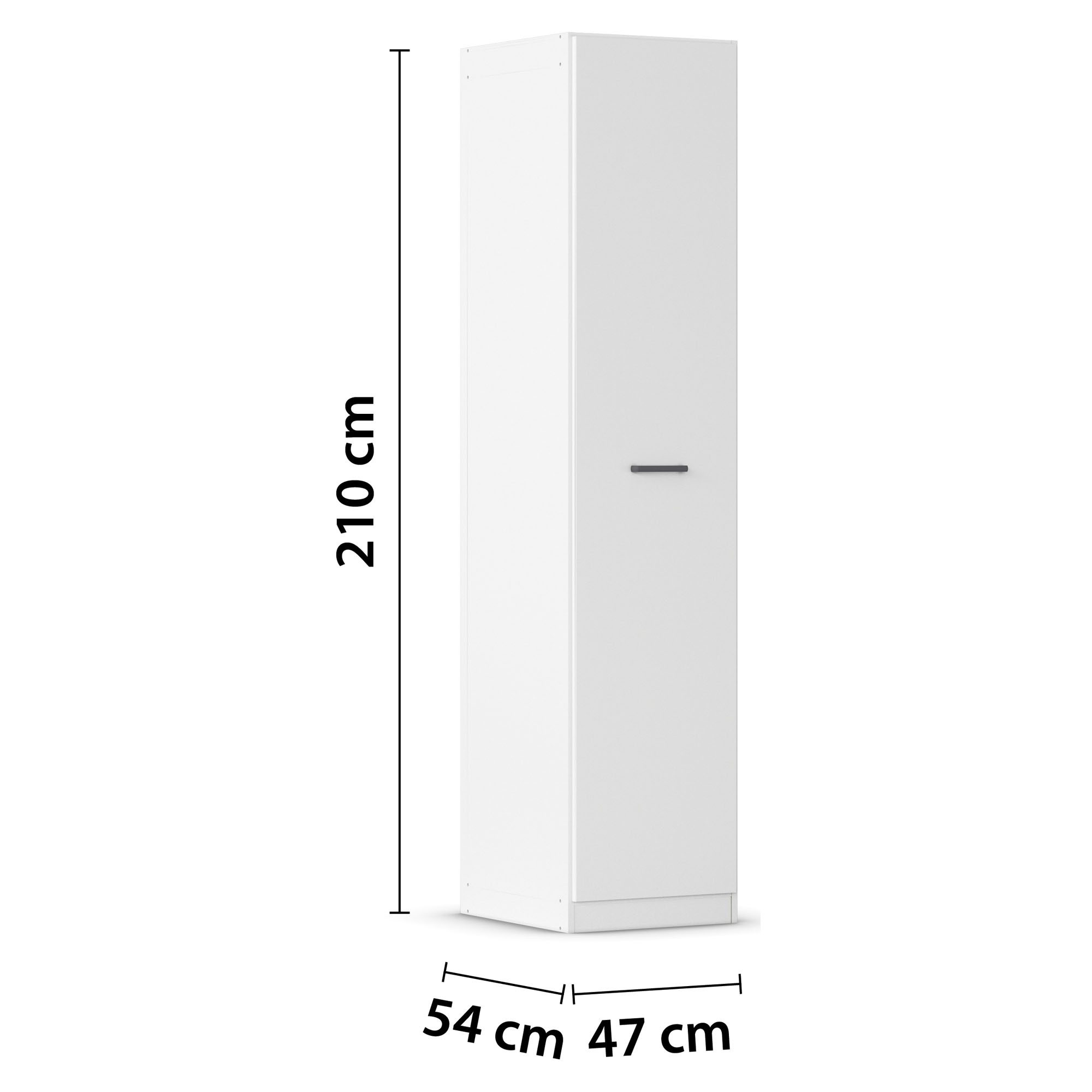 Schrägansicht eines 1-türigen Apothekerschranks im Dekor Alpinweiß mit Griff in Grau Metallic, innen vier Schubkästen, Maße Breite 47 cm, Höhe 210 cm, Tiefe 54 cm