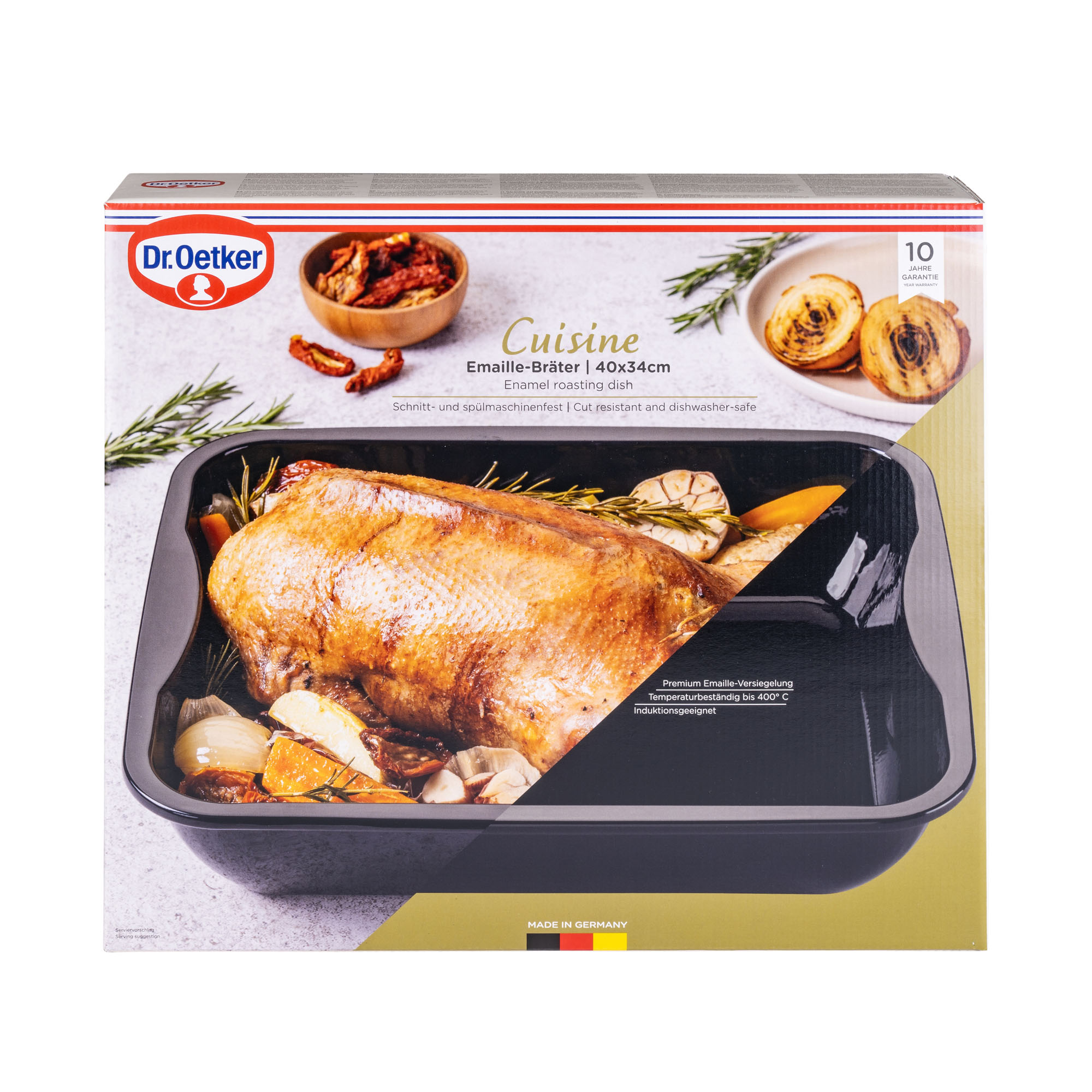 Verpackung eines Emaille Bräters mit Abbildung eines gebratenen Geflügels