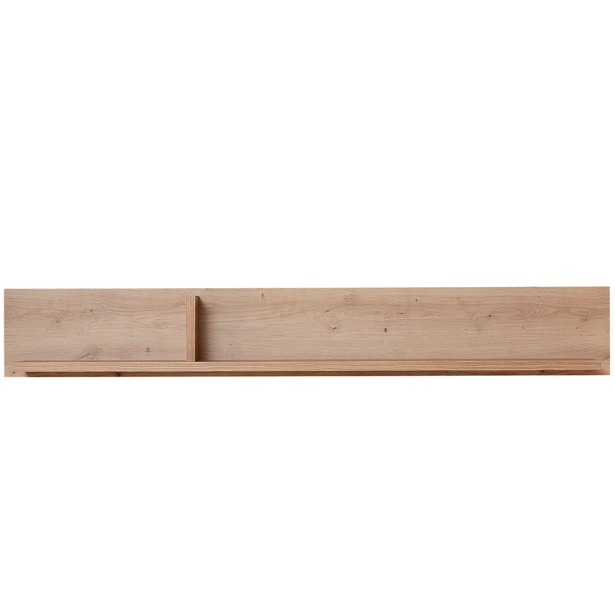 Frontalansicht eines schlichten Wandboards aus hellem Holz mit einer kleinen seitlichen Trennleiste und durchgehender Ablage.