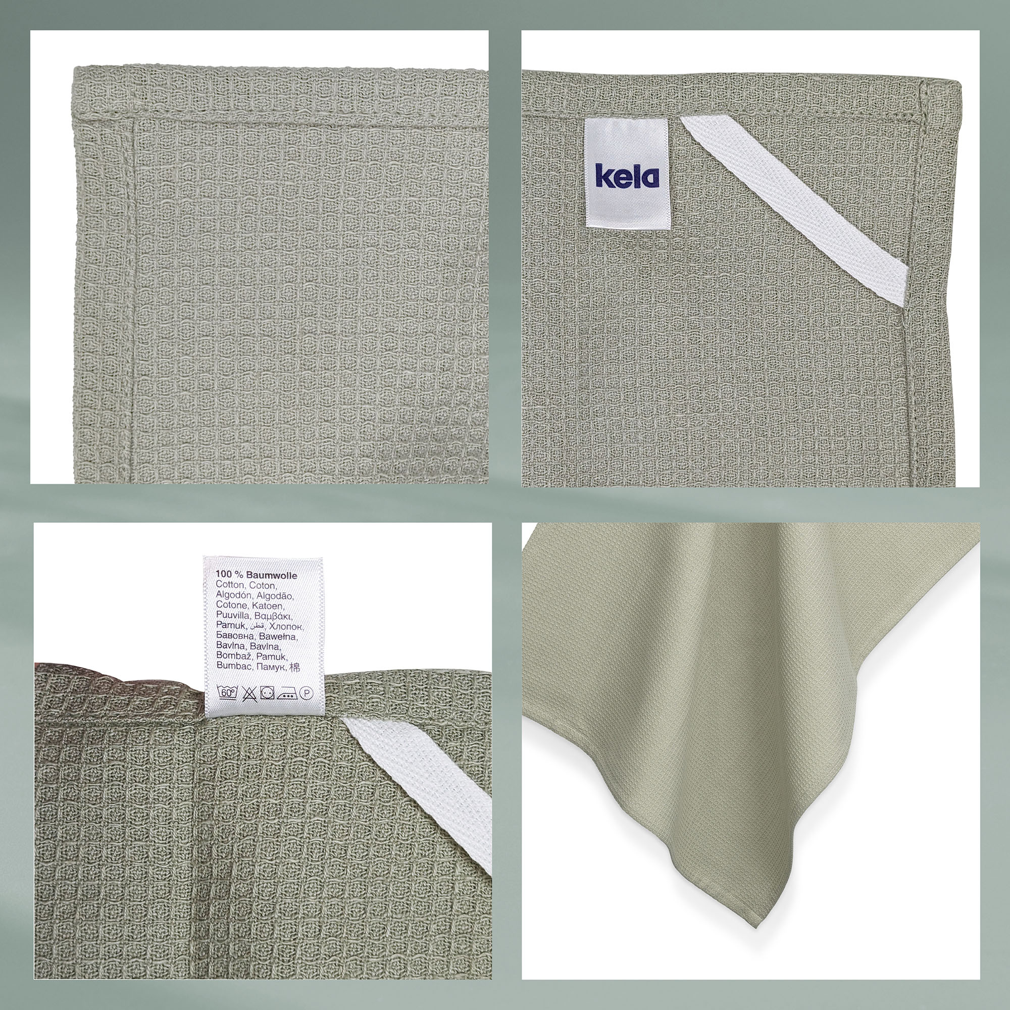 Collage mit Waffelgewebe, Aufhängeschlaufe, Pflegeetikett und Stofffall des Geschirrtuchs in Rauchgrün