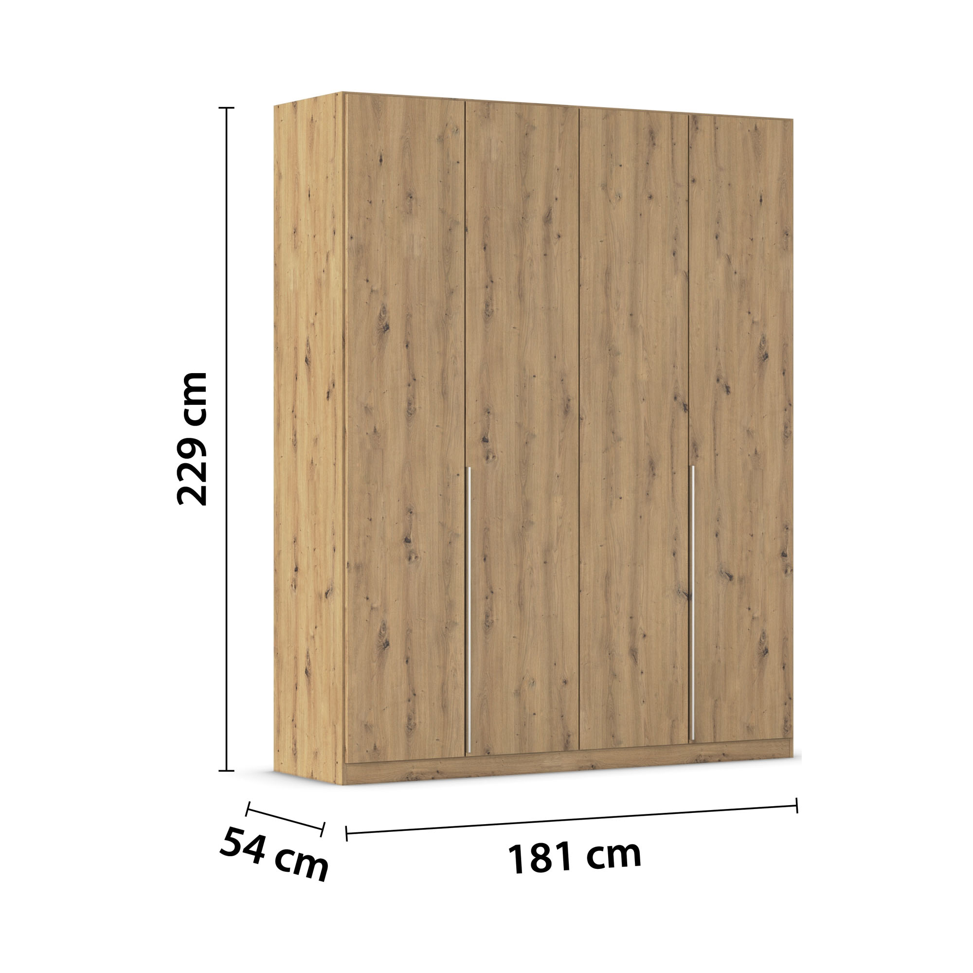 4-türiger Kleiderschrank in Eiche Artisan mit Maßen 181 cm Breite, 229 cm Höhe und 54 cm Tiefe